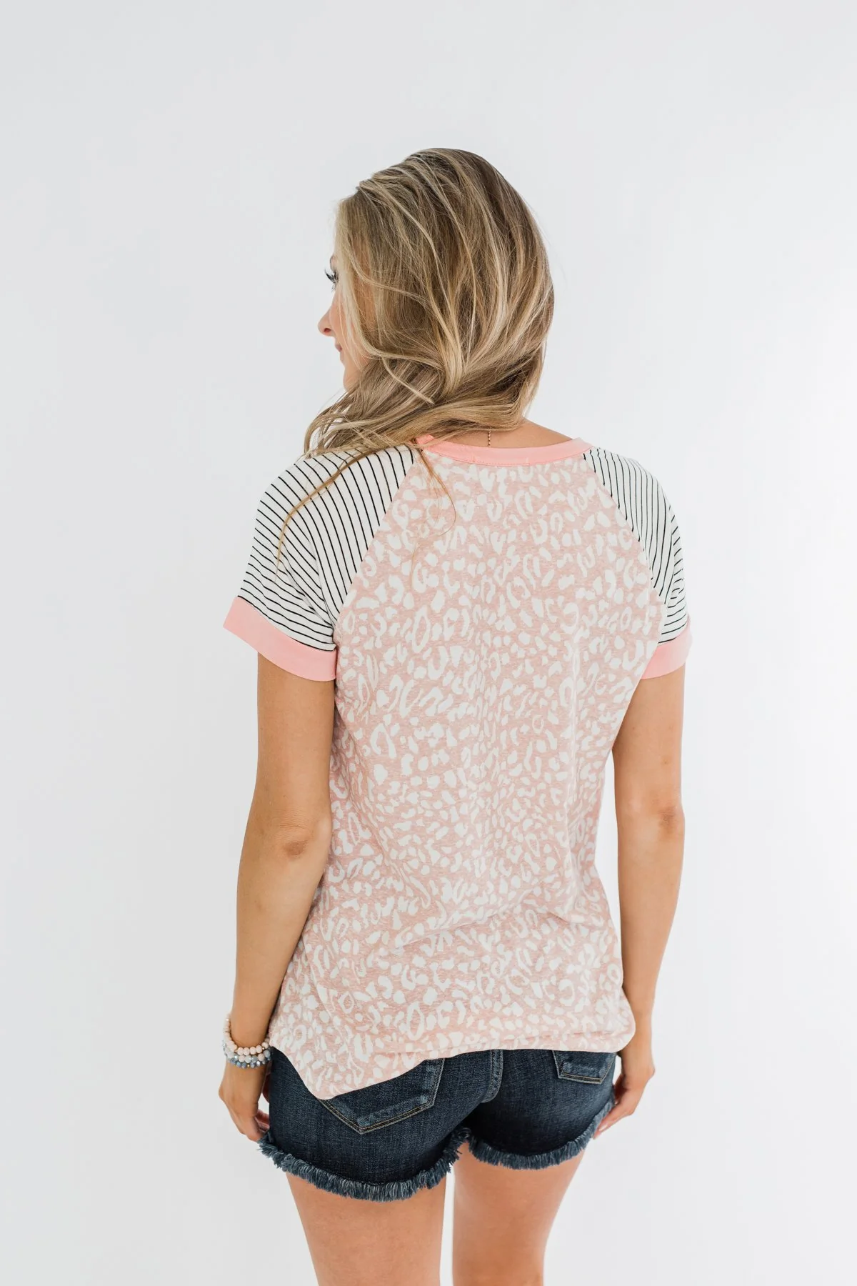 Stripes & Animal Print Color Block Raglan Top- Blush - Image 12