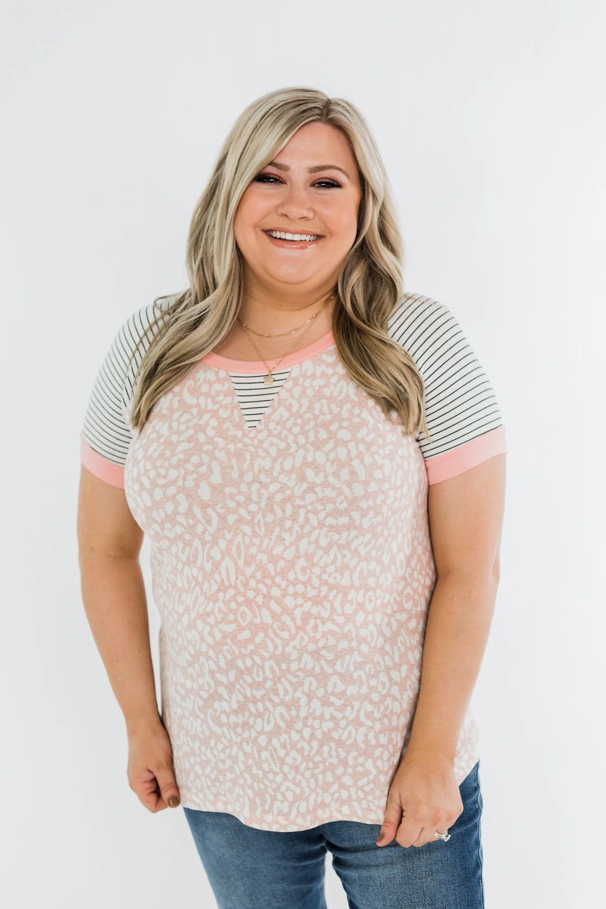 Stripes & Animal Print Color Block Raglan Top- Blush - Image 3