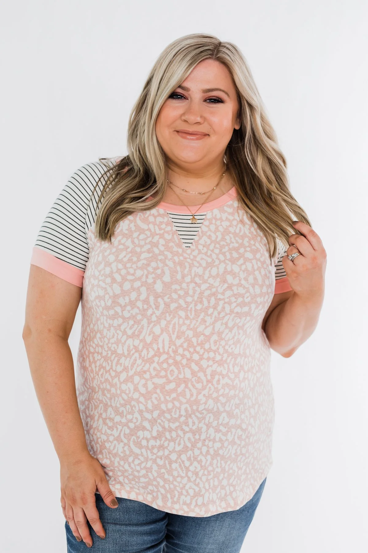Stripes & Animal Print Color Block Raglan Top- Blush - Image 5