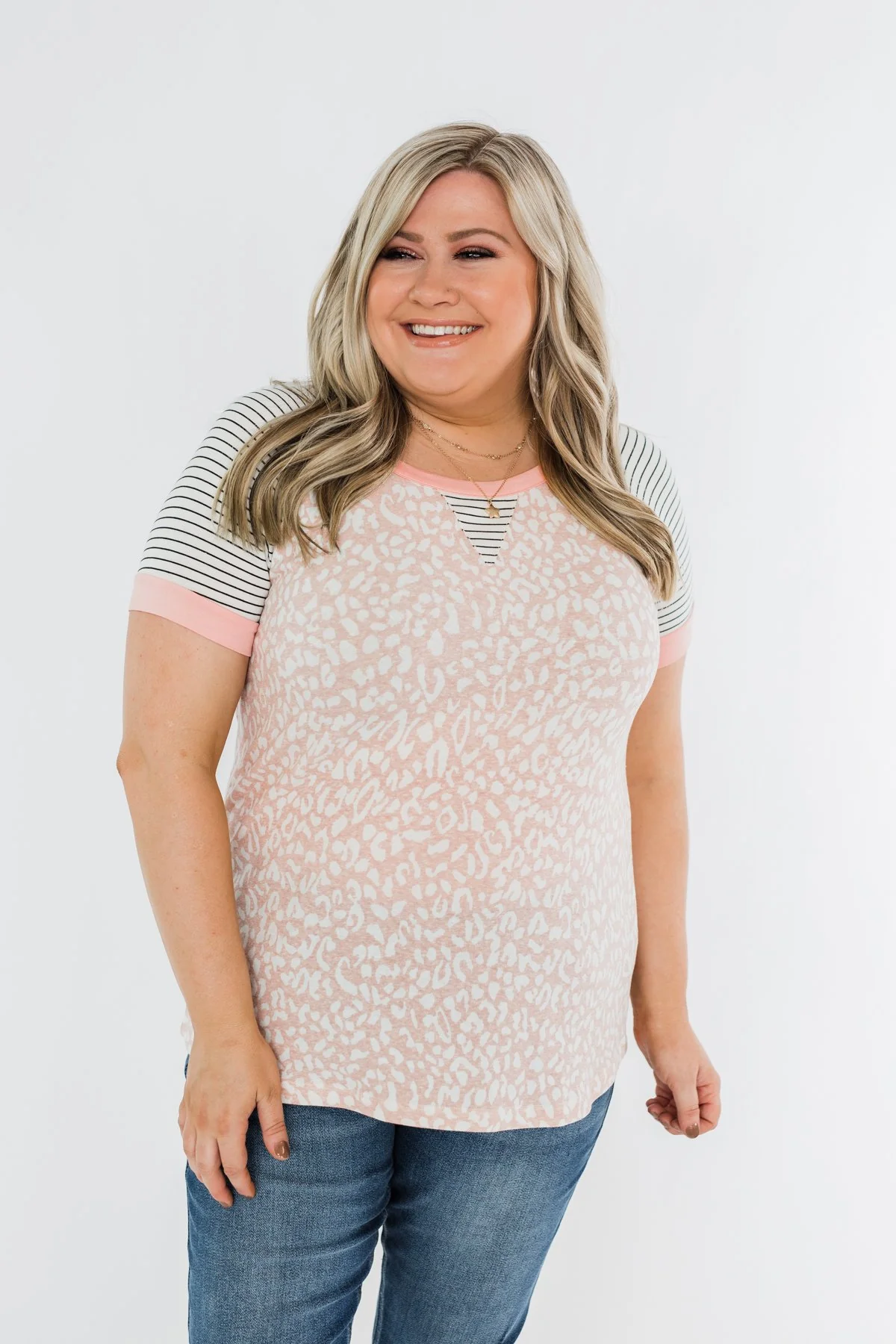 Stripes & Animal Print Color Block Raglan Top- Blush - Image 7