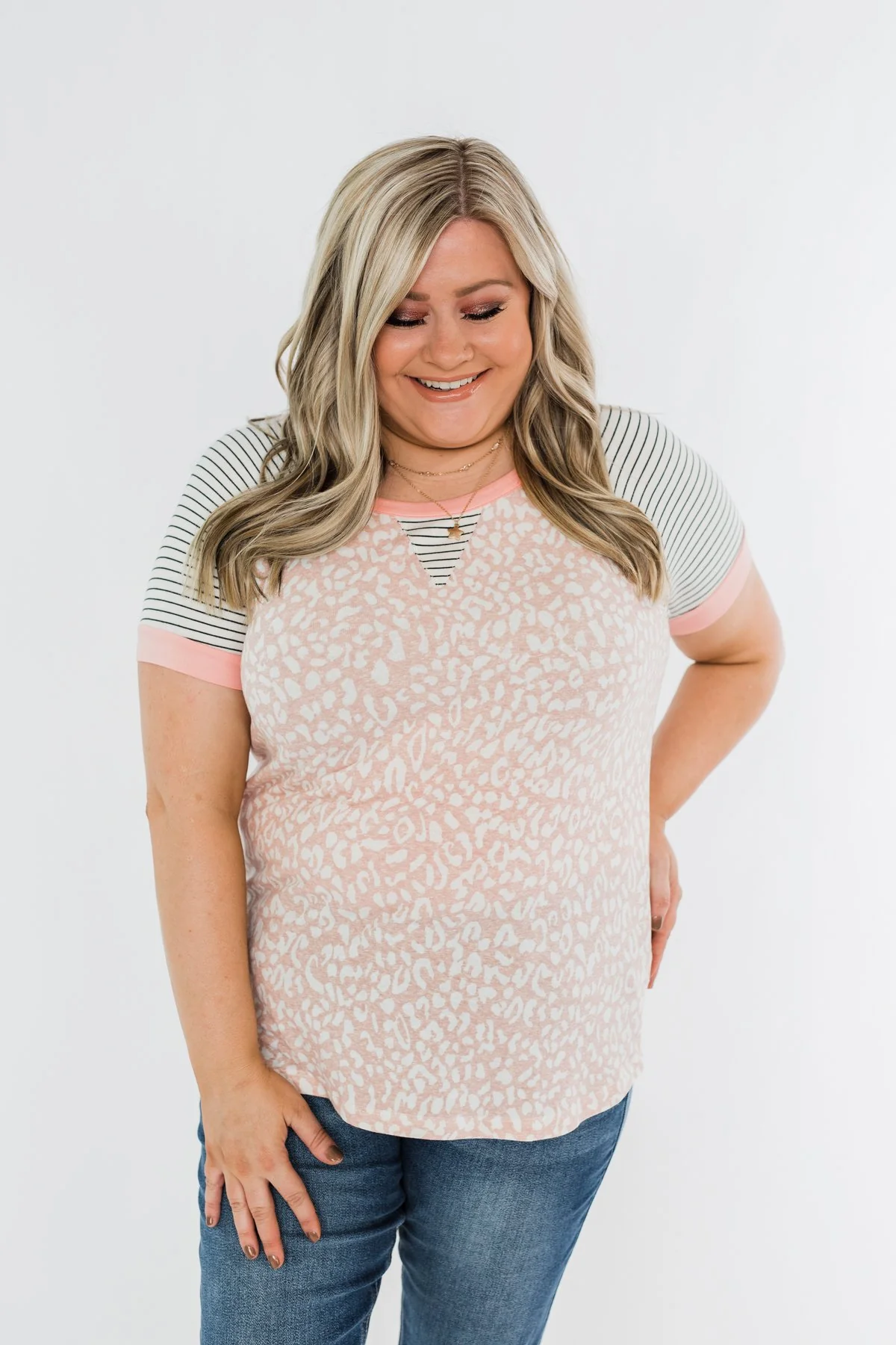 Stripes & Animal Print Color Block Raglan Top- Blush - Image 8
