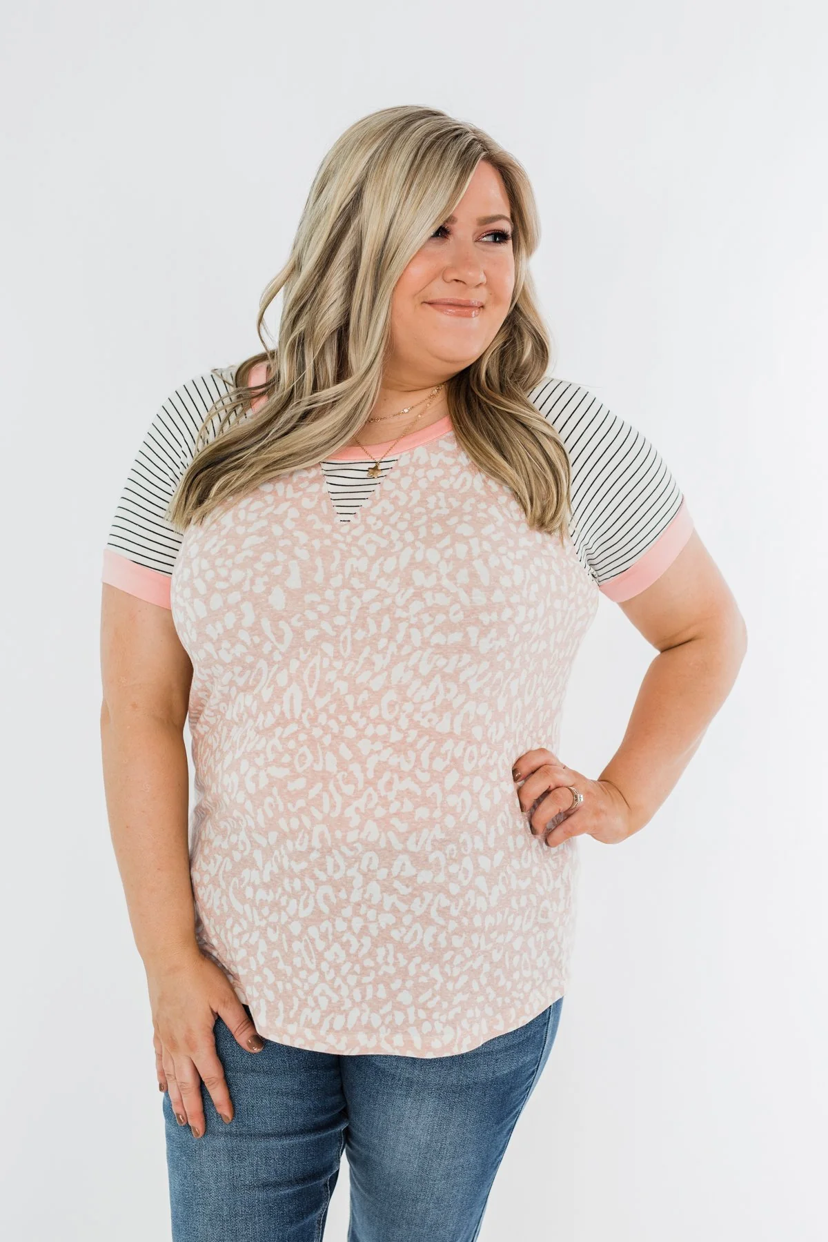 Stripes & Animal Print Color Block Raglan Top- Blush - Image 9