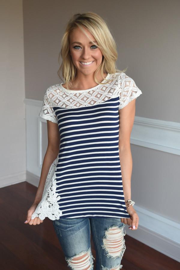 Stripes & Lace Top ~ Navy