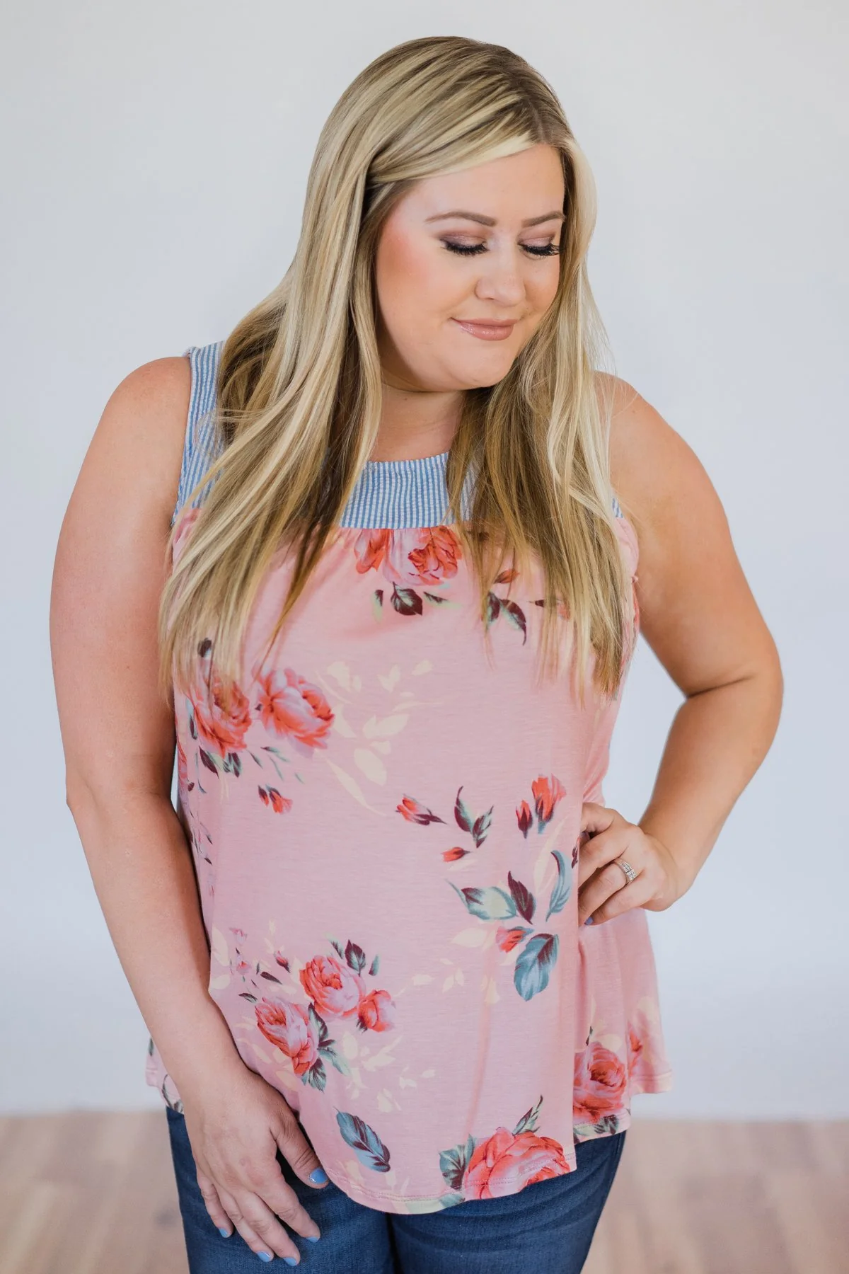 Stroll Through the Park Floral & Stripe Tank Top- Rose Pink - Image 2
