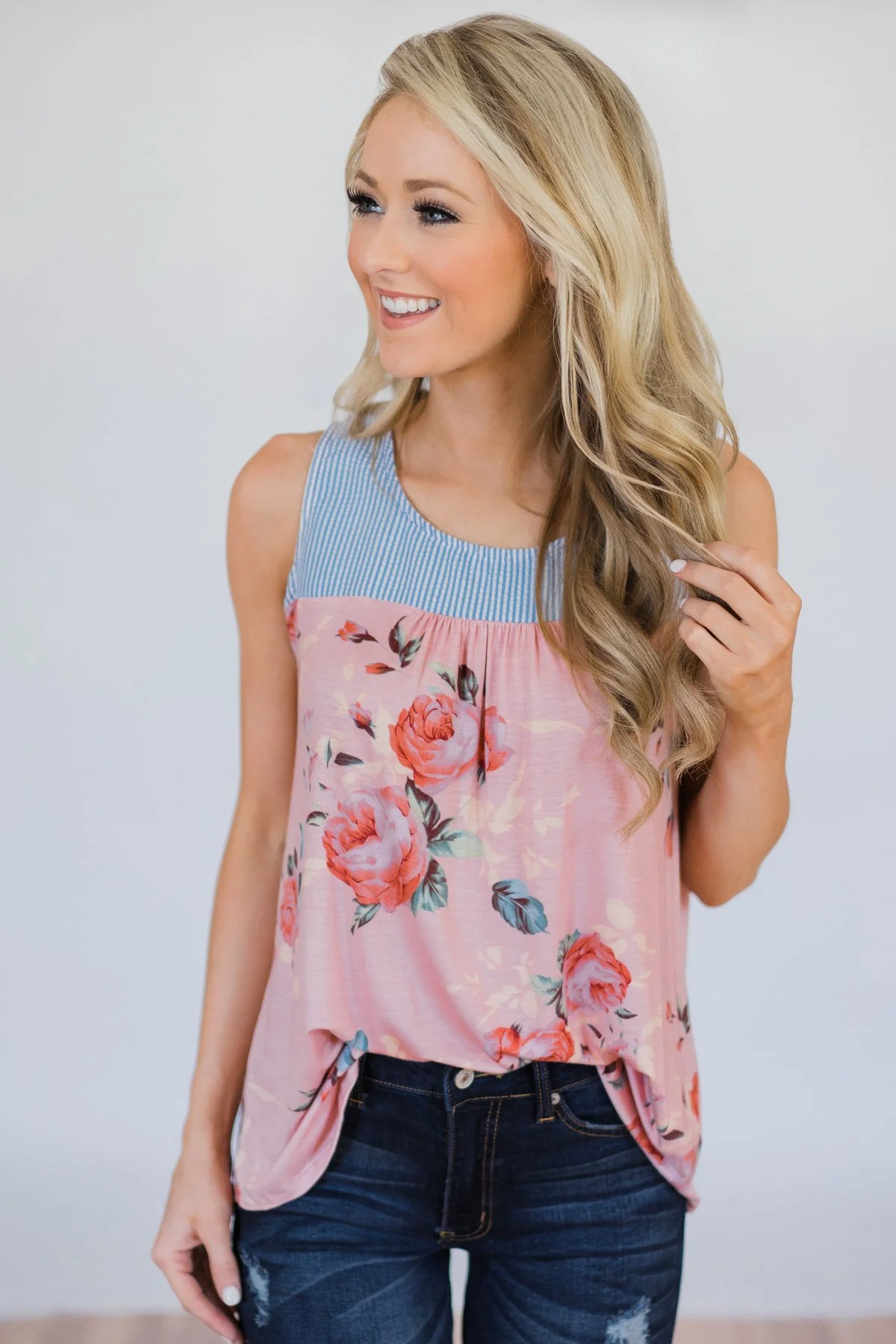 Stroll Through the Park Floral & Stripe Tank Top- Rose Pink - Image 8