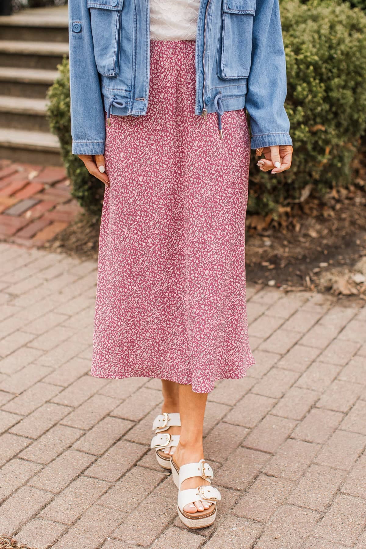 Stroll Through Town Floral Midi Skirt- Dark Mauve