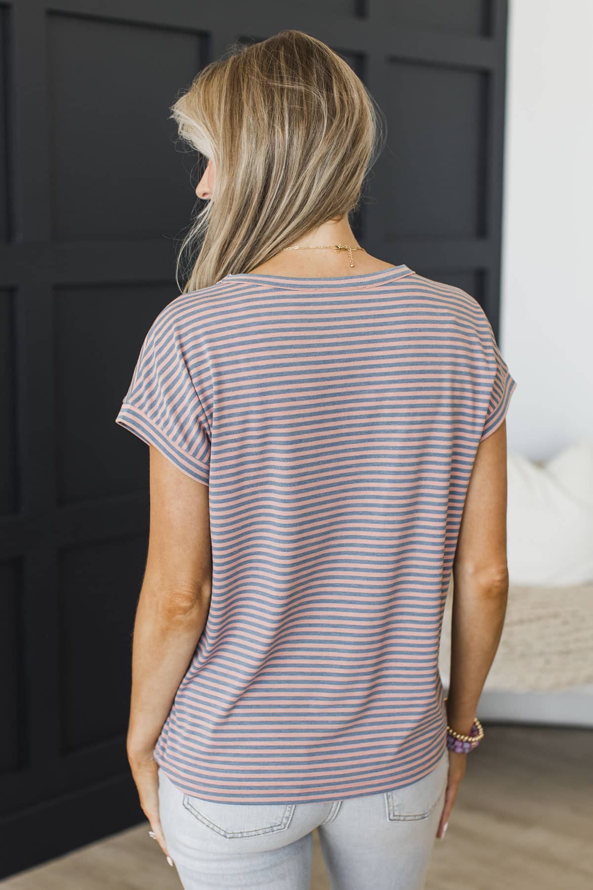 Strong Presence Striped V-Neck Top- Dusty Pink & Navy - Image 8