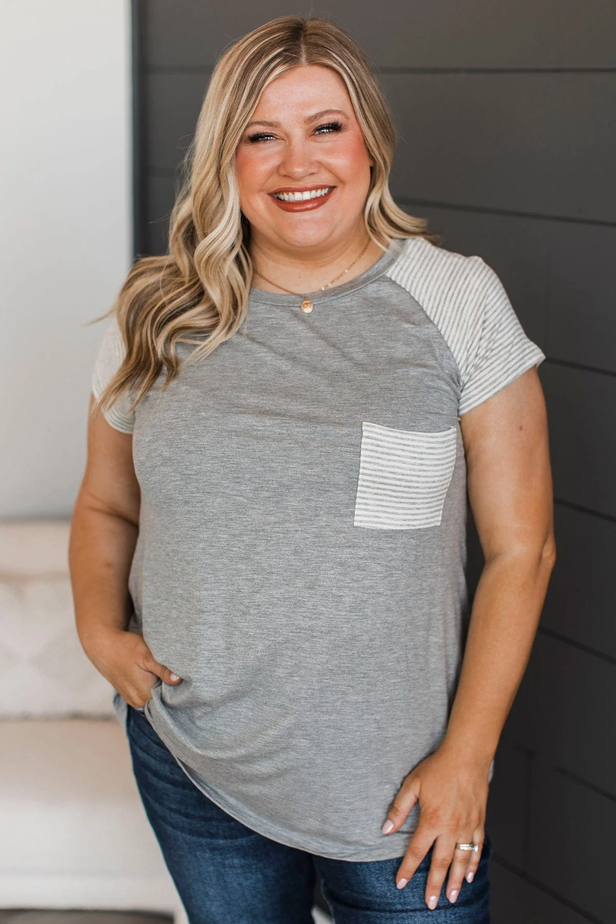 Stuck In My Ways Pocket Top- Heather Grey