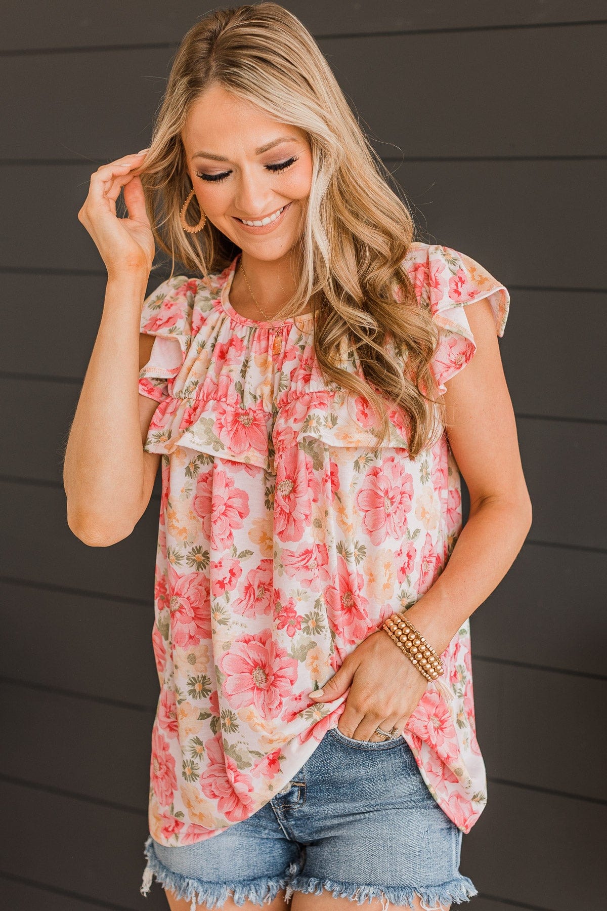 Stuck On Replay Ruffle Top- Ivory & Pink - Image 2