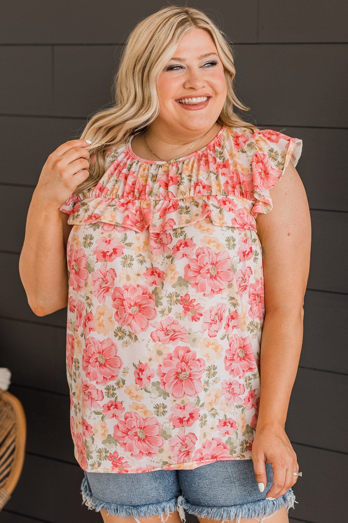 Stuck On Replay Ruffle Top- Ivory & Pink - Image 3