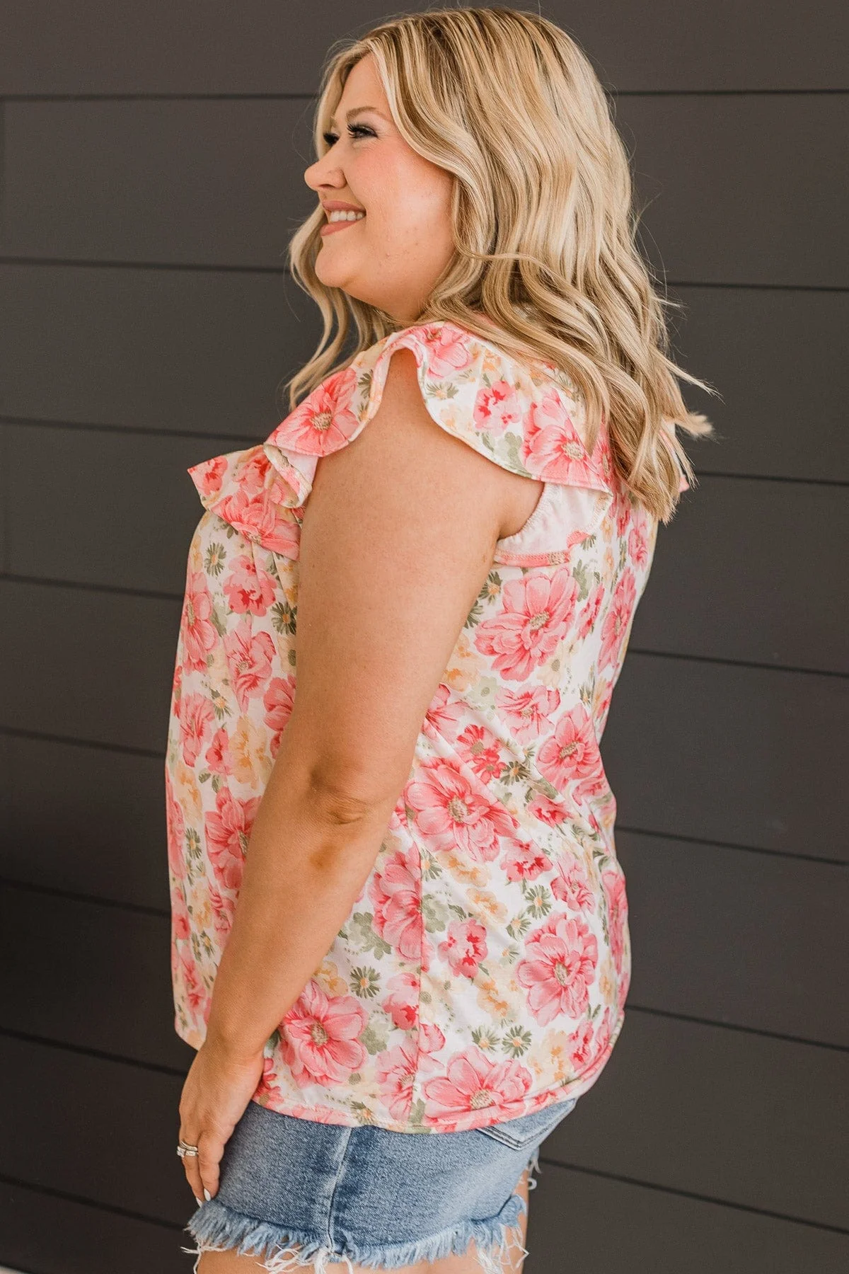 Stuck On Replay Ruffle Top- Ivory & Pink - Image 5