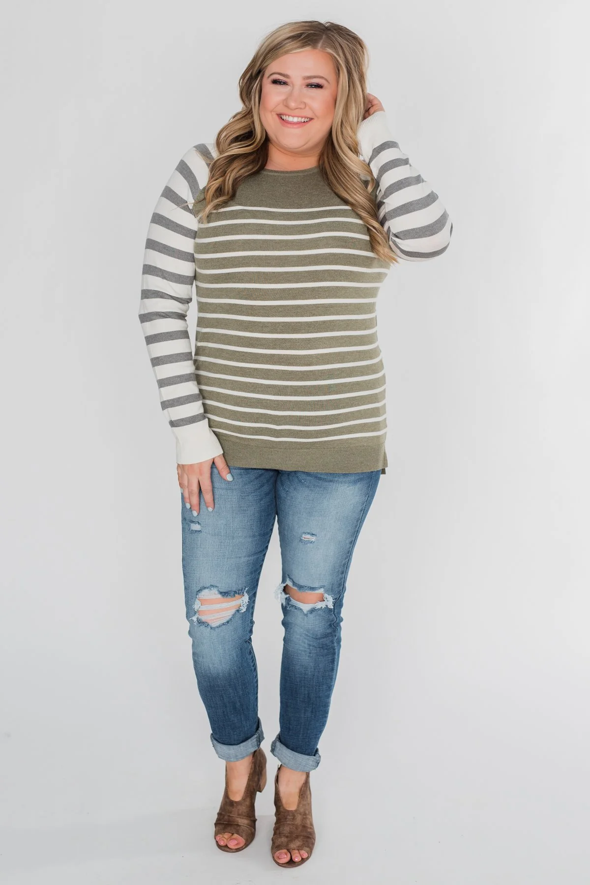 Stuck on You Striped Sweater- Ivory & Olive - Image 14