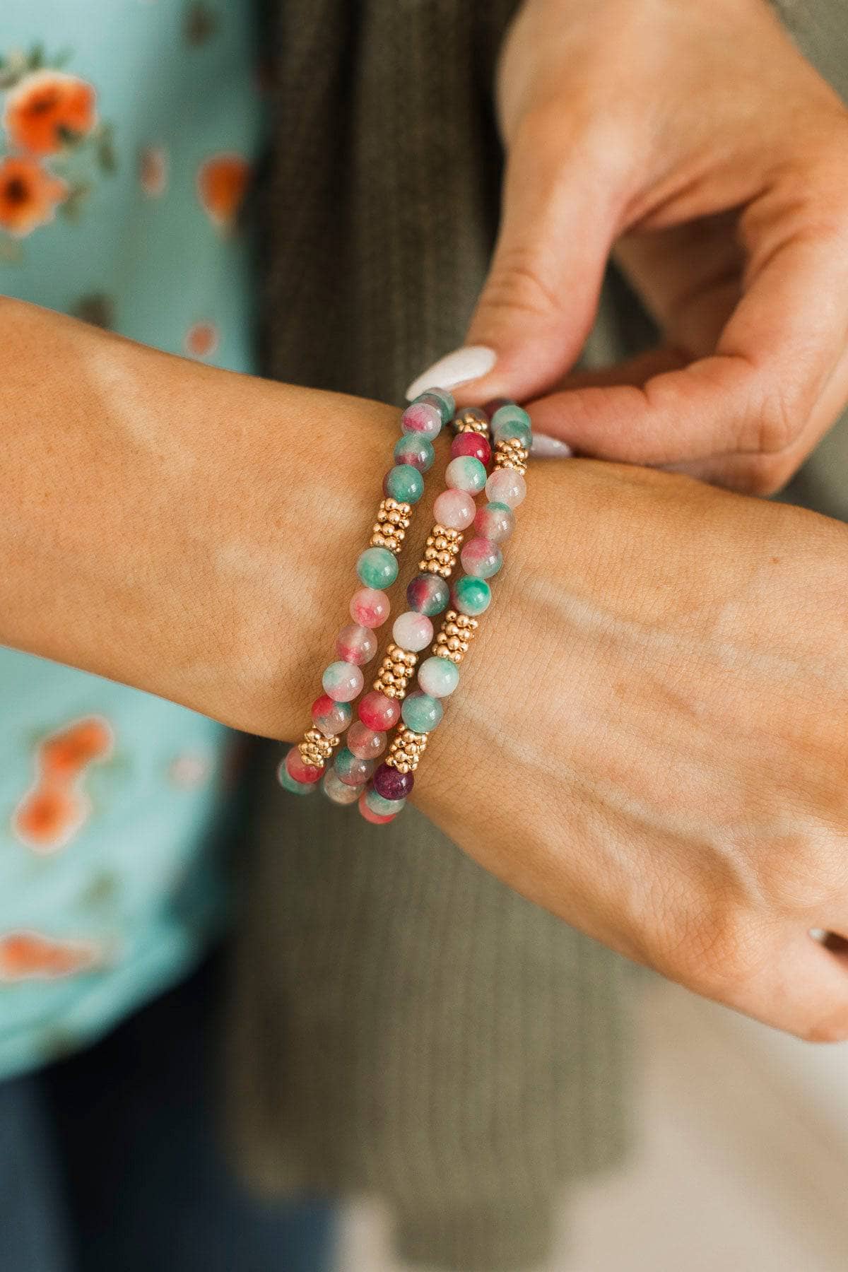 Stunning Presence Beaded Bracelet Set- Pink & Mint