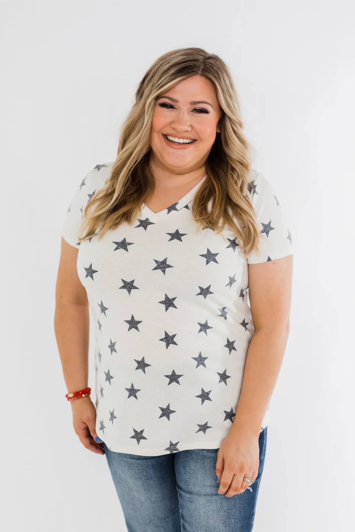 Stunning Stars V-Neck Print Top- Ivory & Navy - Image 3