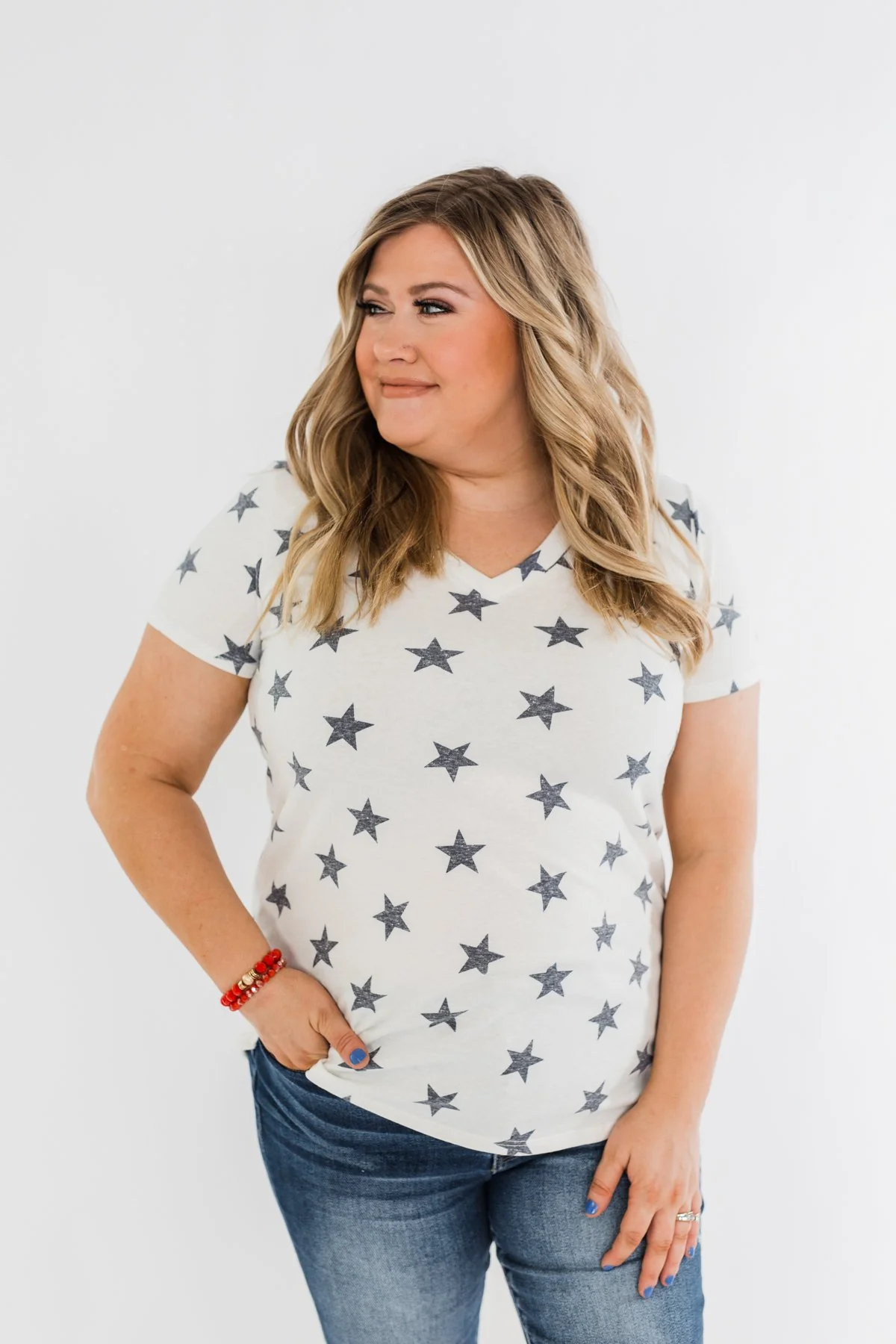 Stunning Stars V-Neck Print Top- Ivory & Navy - Image 4