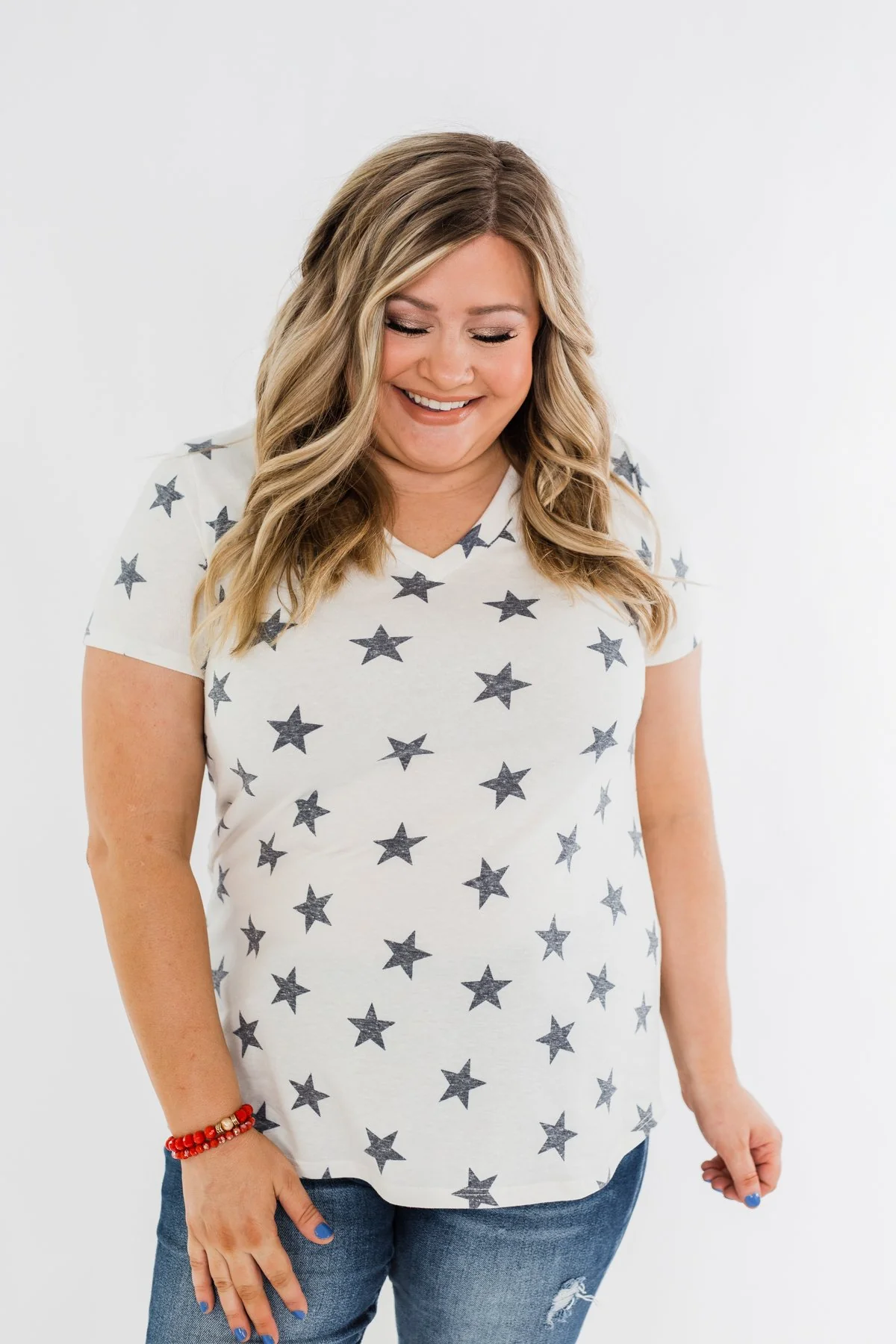 Stunning Stars V-Neck Print Top- Ivory & Navy - Image 5