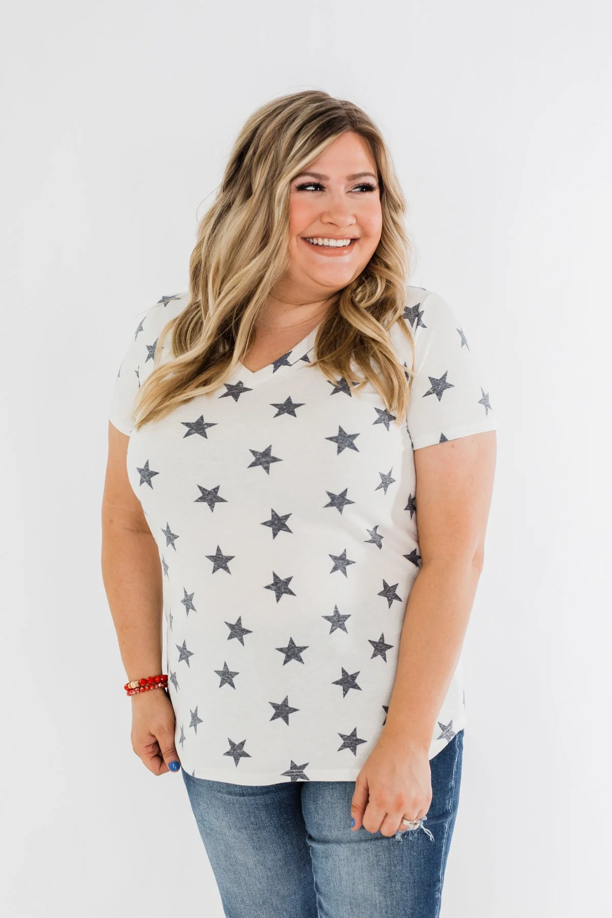 Stunning Stars V-Neck Print Top- Ivory & Navy - Image 6