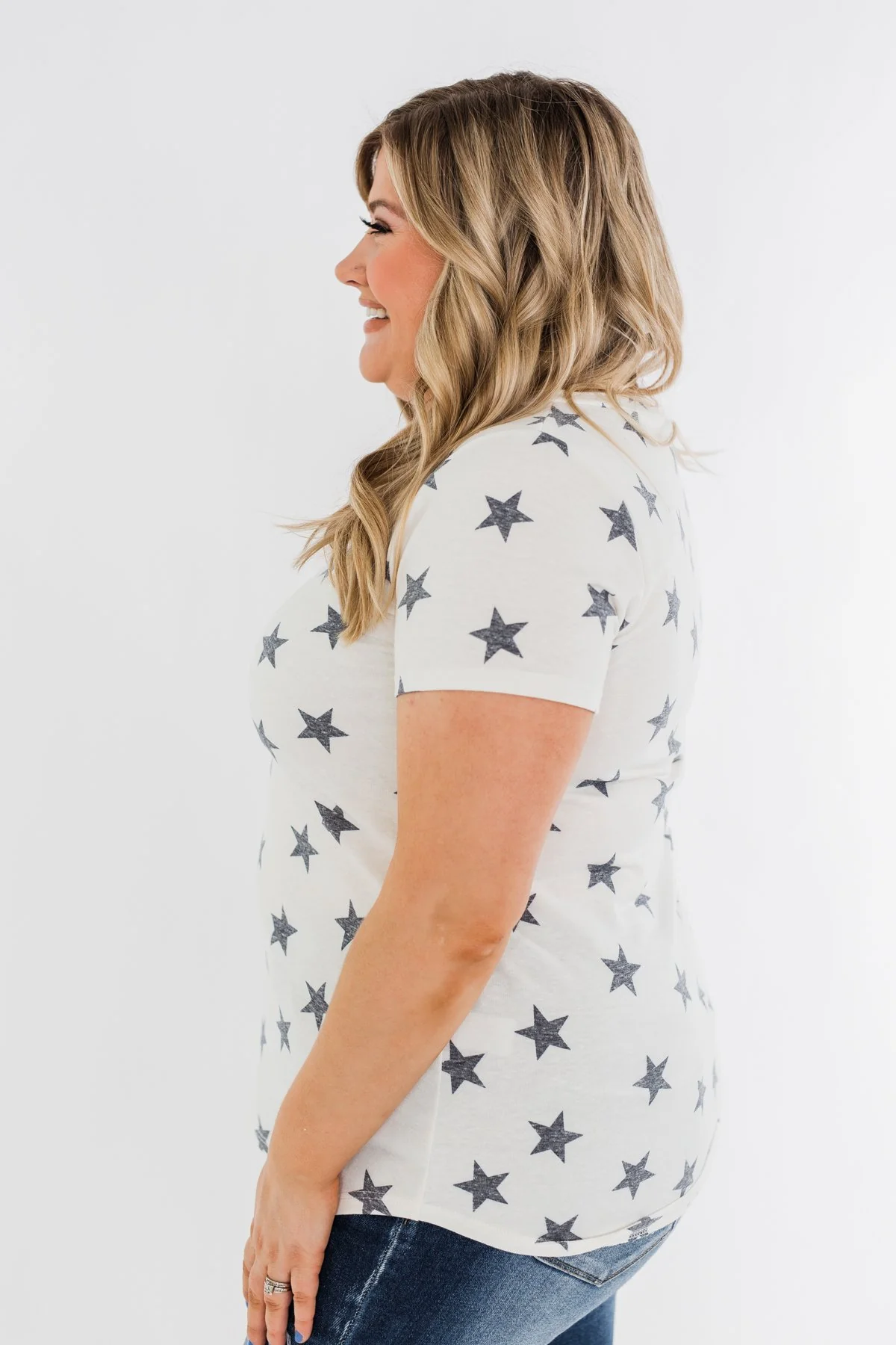 Stunning Stars V-Neck Print Top- Ivory & Navy - Image 7