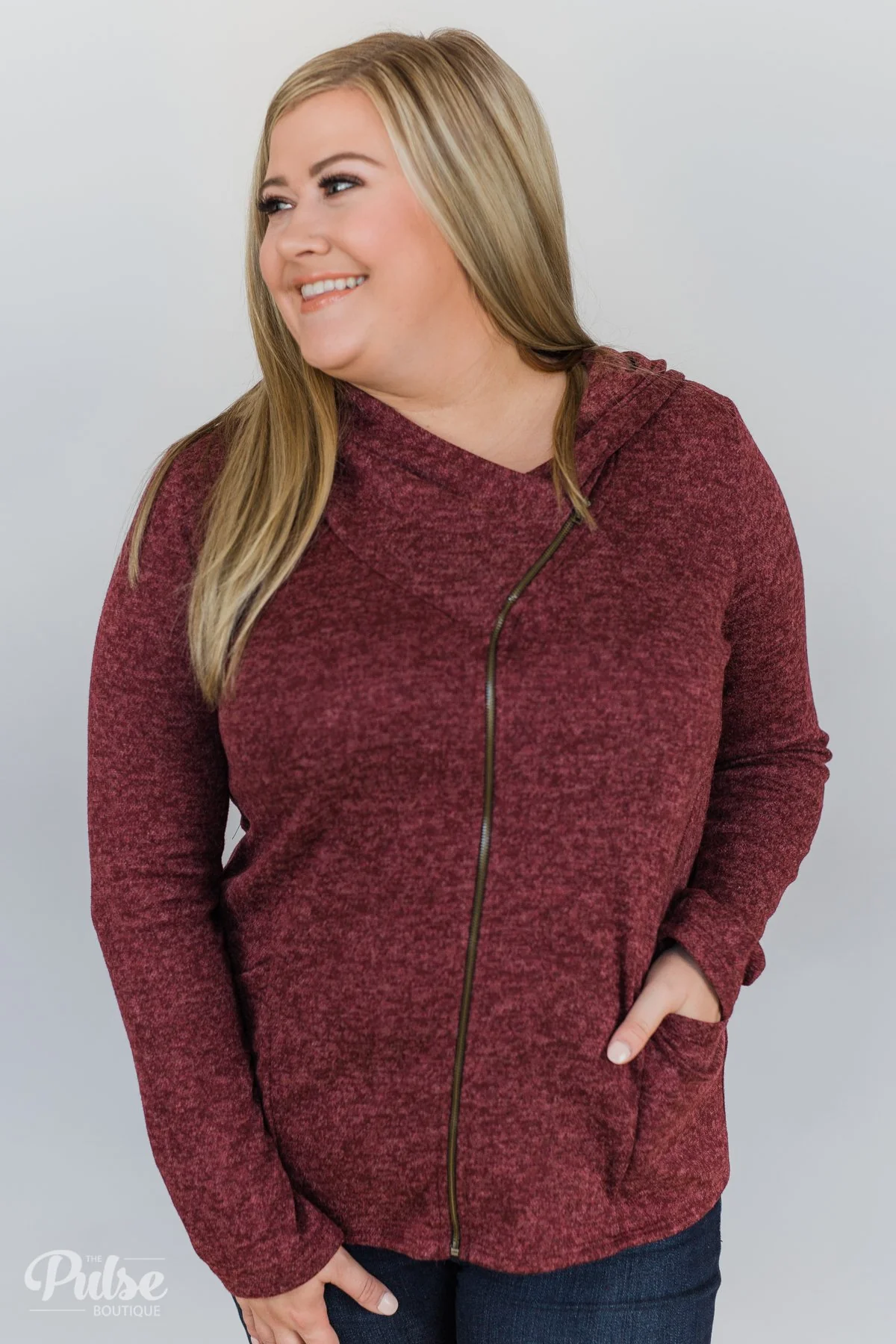 Stylish This Fall Zip Up Hoodie- Heather Burgundy - Image 2