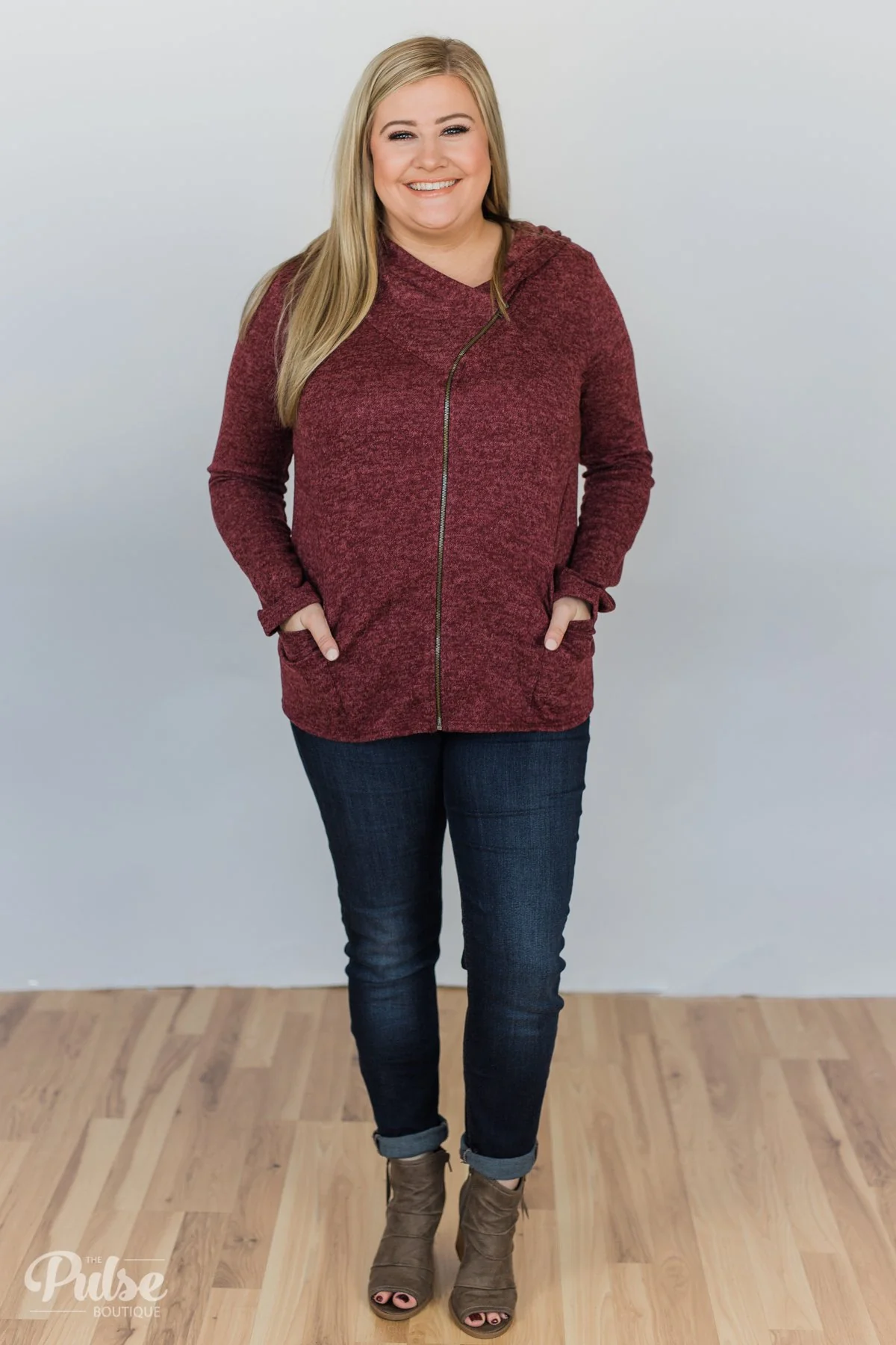 Stylish This Fall Zip Up Hoodie- Heather Burgundy - Image 3