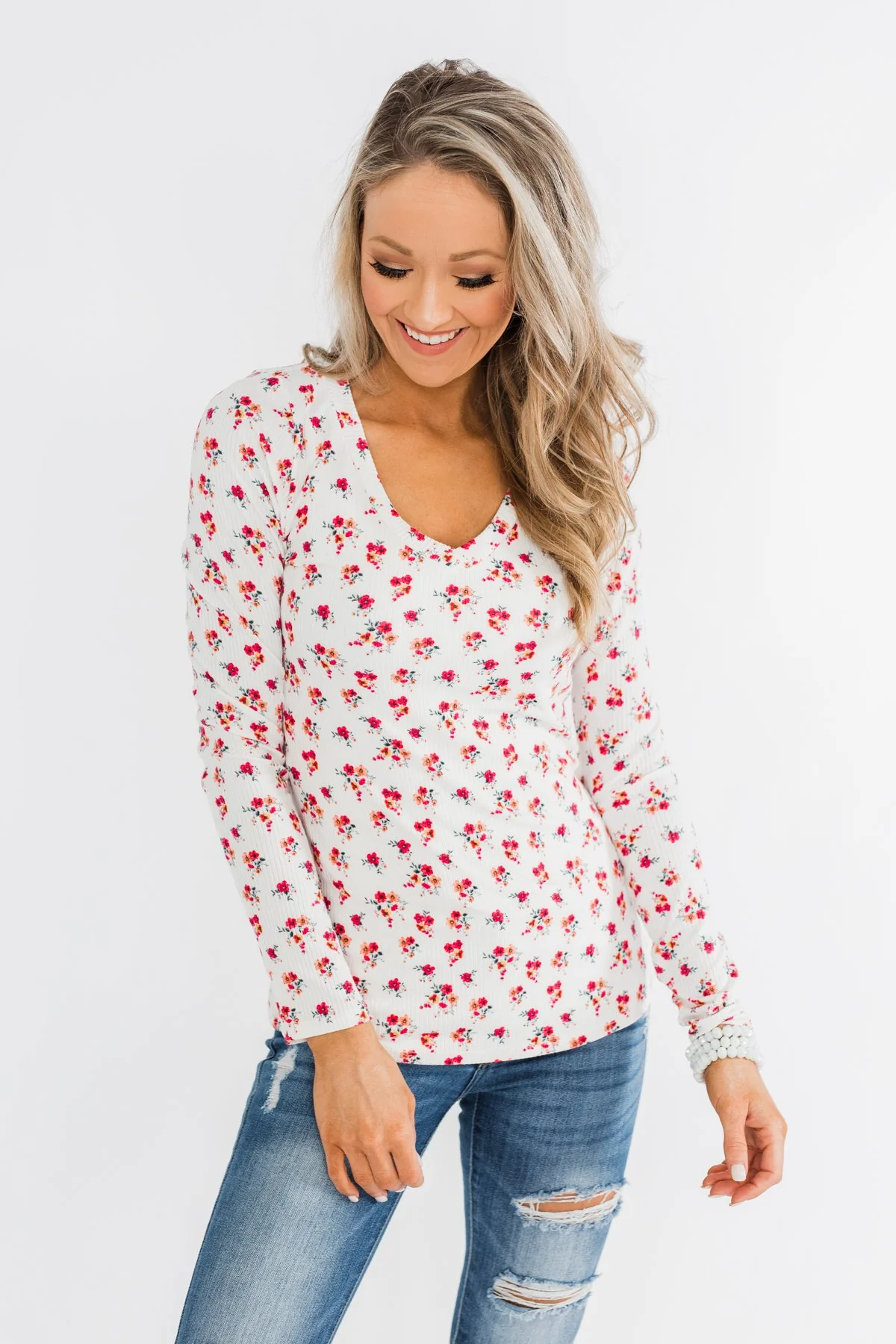 Sudden Bloom Floral V-Neck Top- Ivory - Image 4