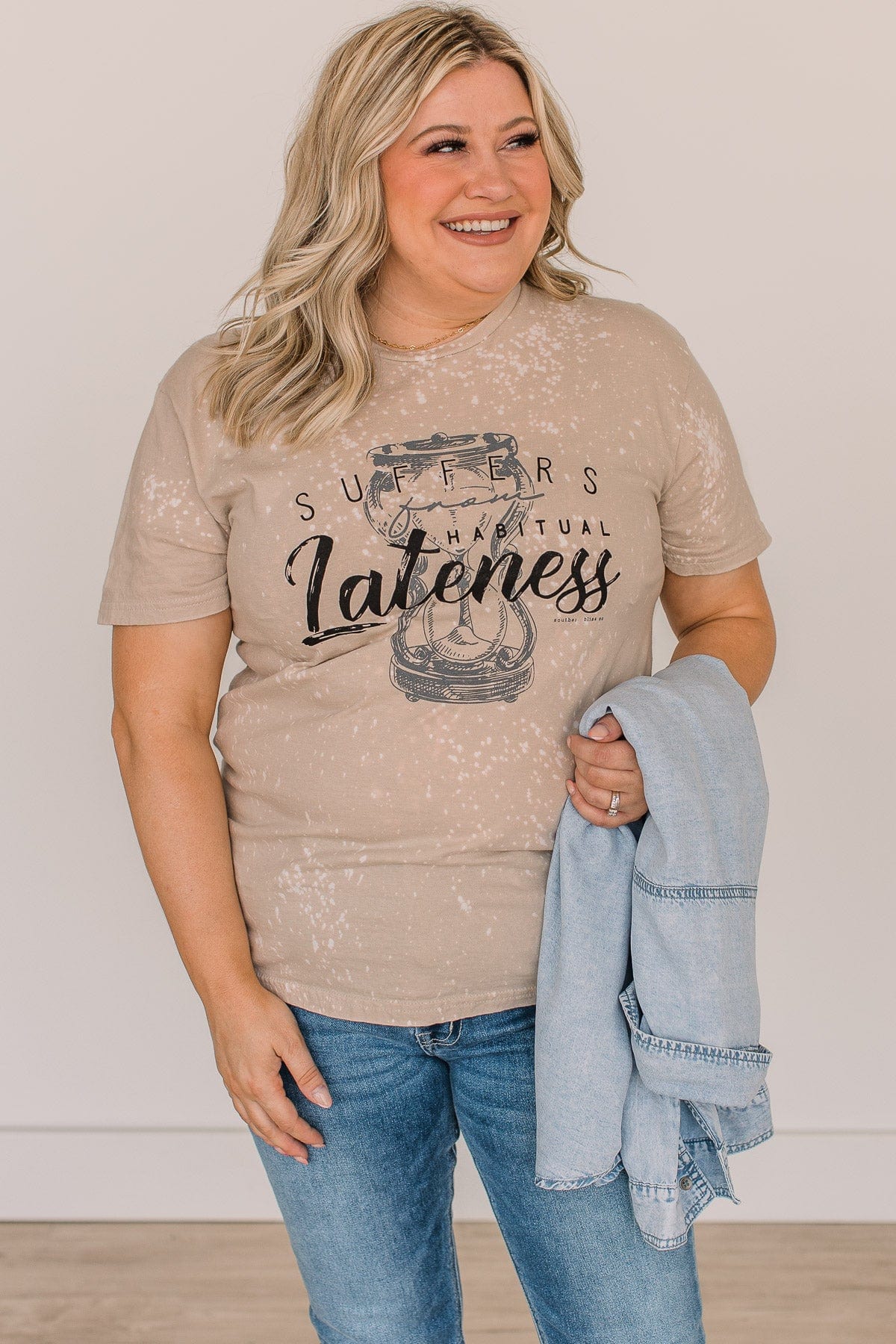 "Suffers From Habitual Lateness" Graphic Tee- Light Taupe - Image 3