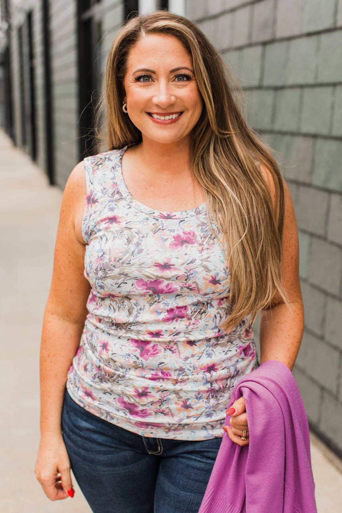 Summer Blooms Floral Tank Top- Ivory & Pink - Image 2
