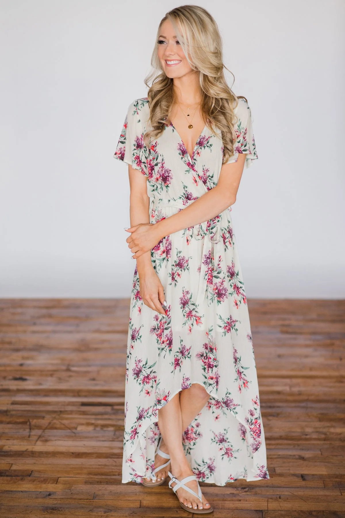 Summer Blues Floral Hi-Lo Dress - Cream - Image 3