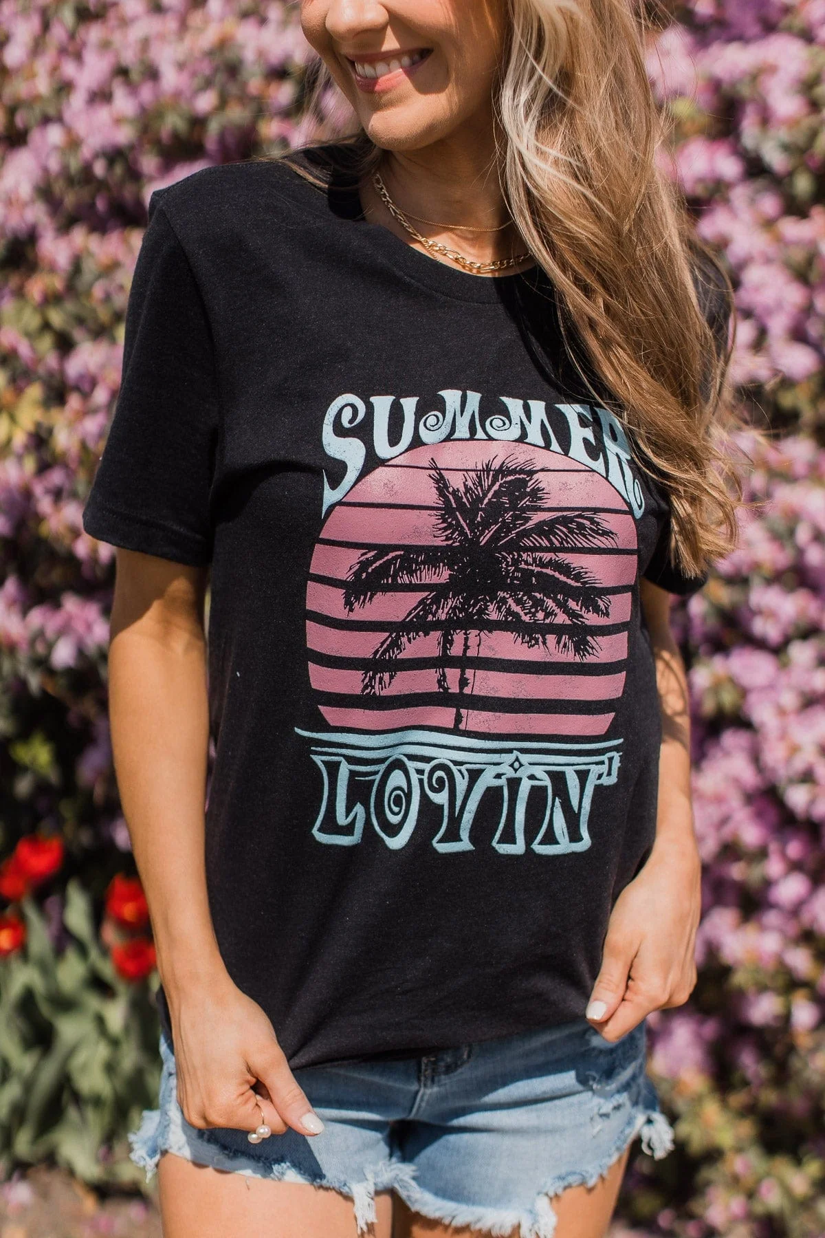 "Summer Lovin" Graphic Tee- Heather Black - Image 2