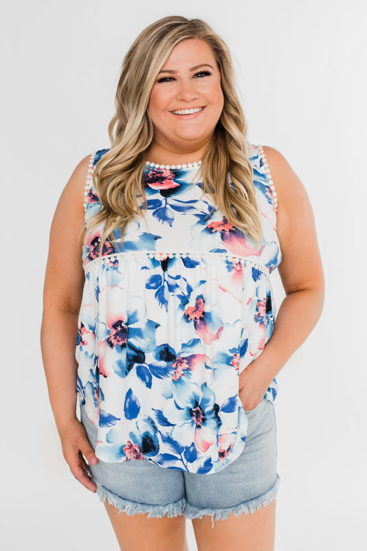 Summer Vacation Floral Babydoll Tank- Ivory & Blue - Image 4