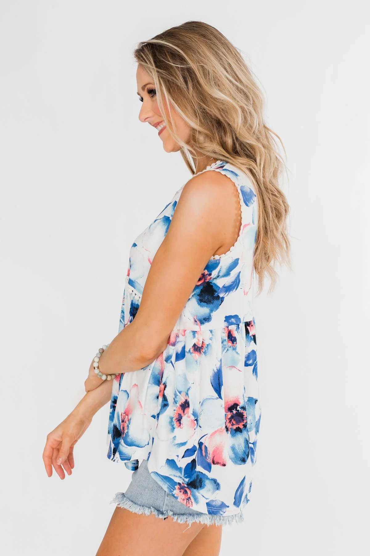 Summer Vacation Floral Babydoll Tank- Ivory & Blue - Image 9