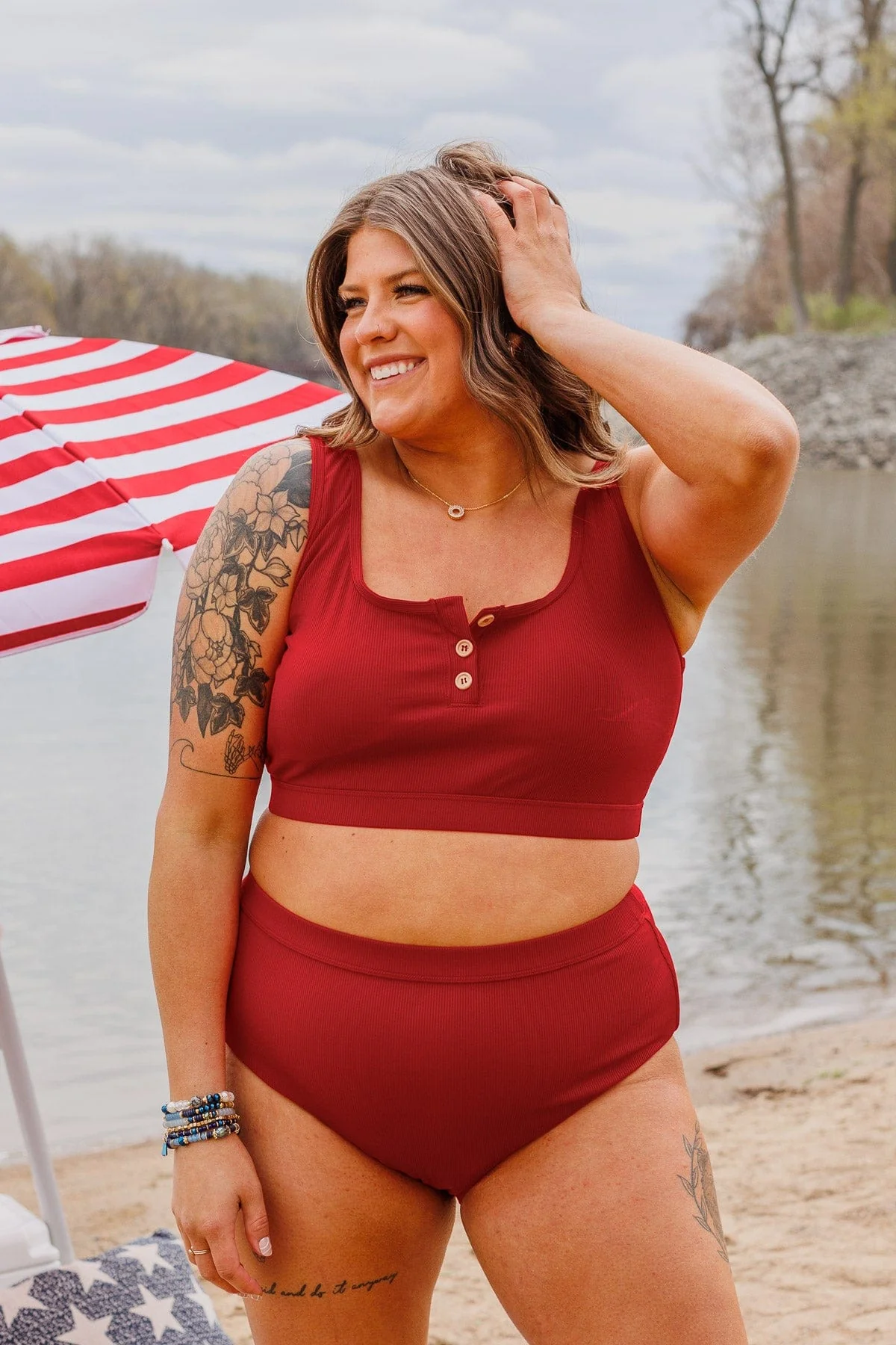 Summertime Shine Ribbed Knit Swim Top- Red - Image 4
