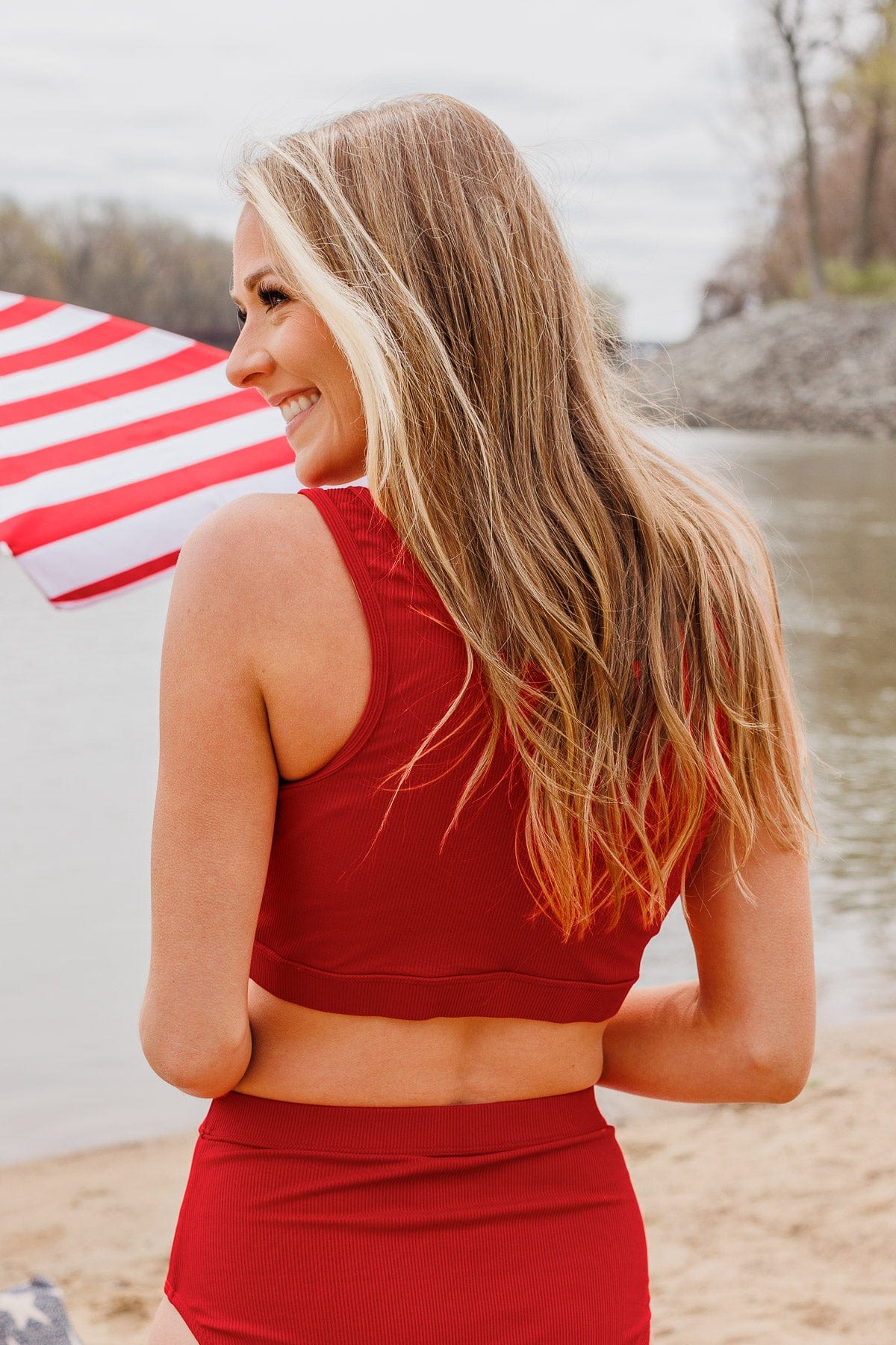 Summertime Shine Ribbed Knit Swim Top- Red - Image 7