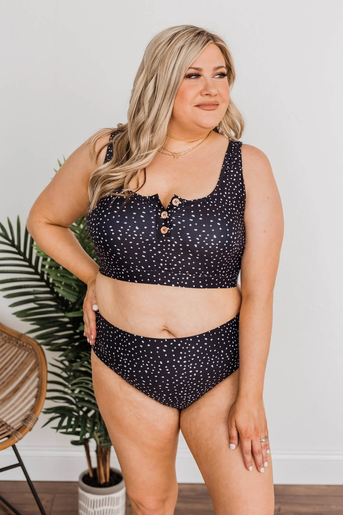 Summertime Shine Spotted Print Swim Top- Black - Image 17