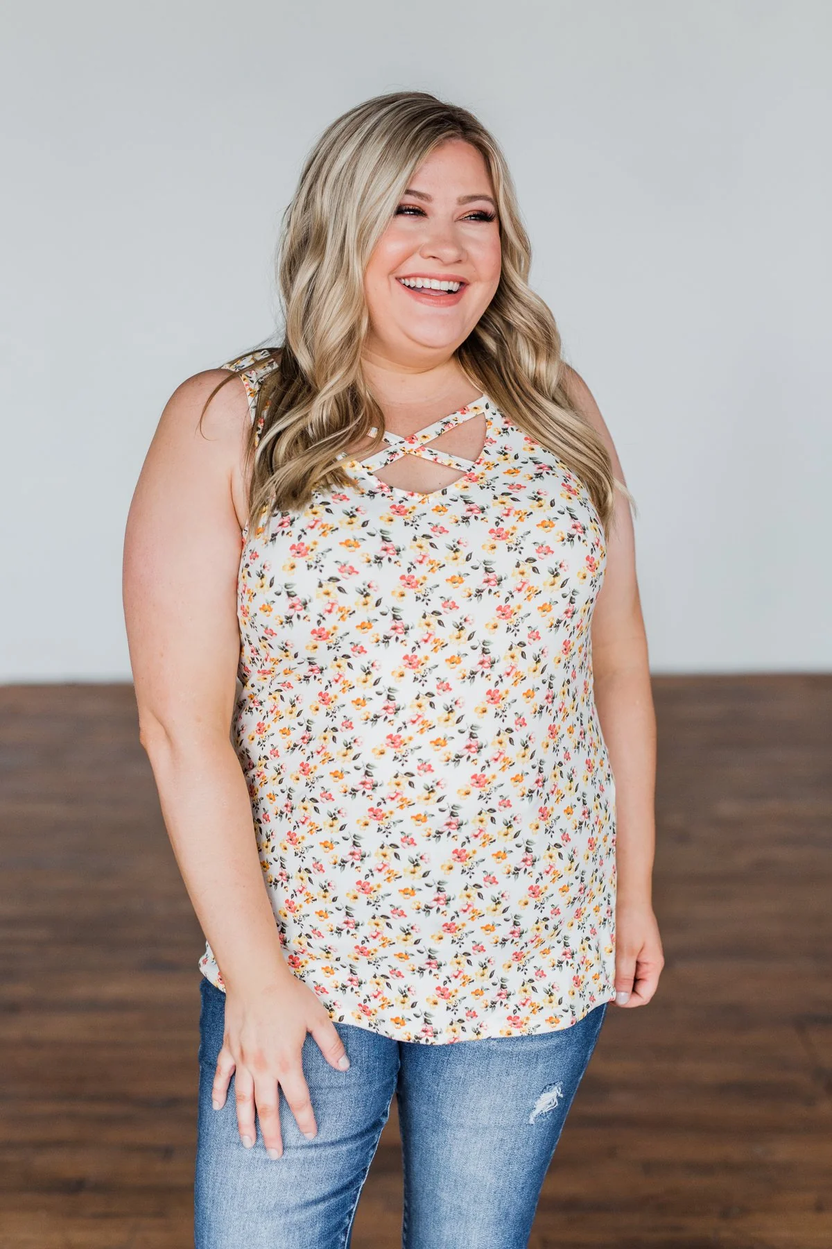 Sunny Smiles Floral Criss-Cross Tank Top- Ivory - Image 2