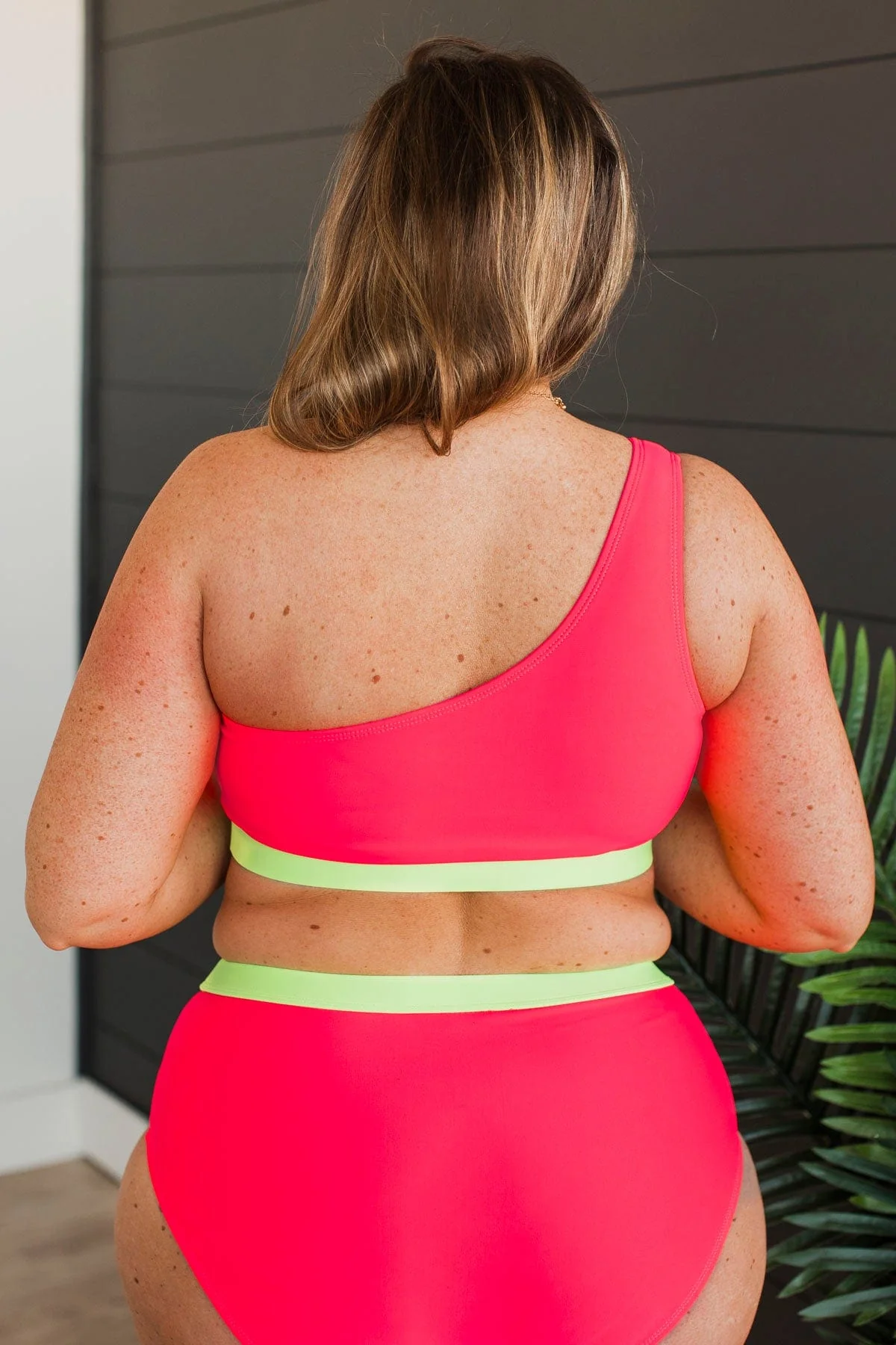 Sunny Vibes One-Shoulder Swim Top- Watermelon & Neon Yellow - Image 11