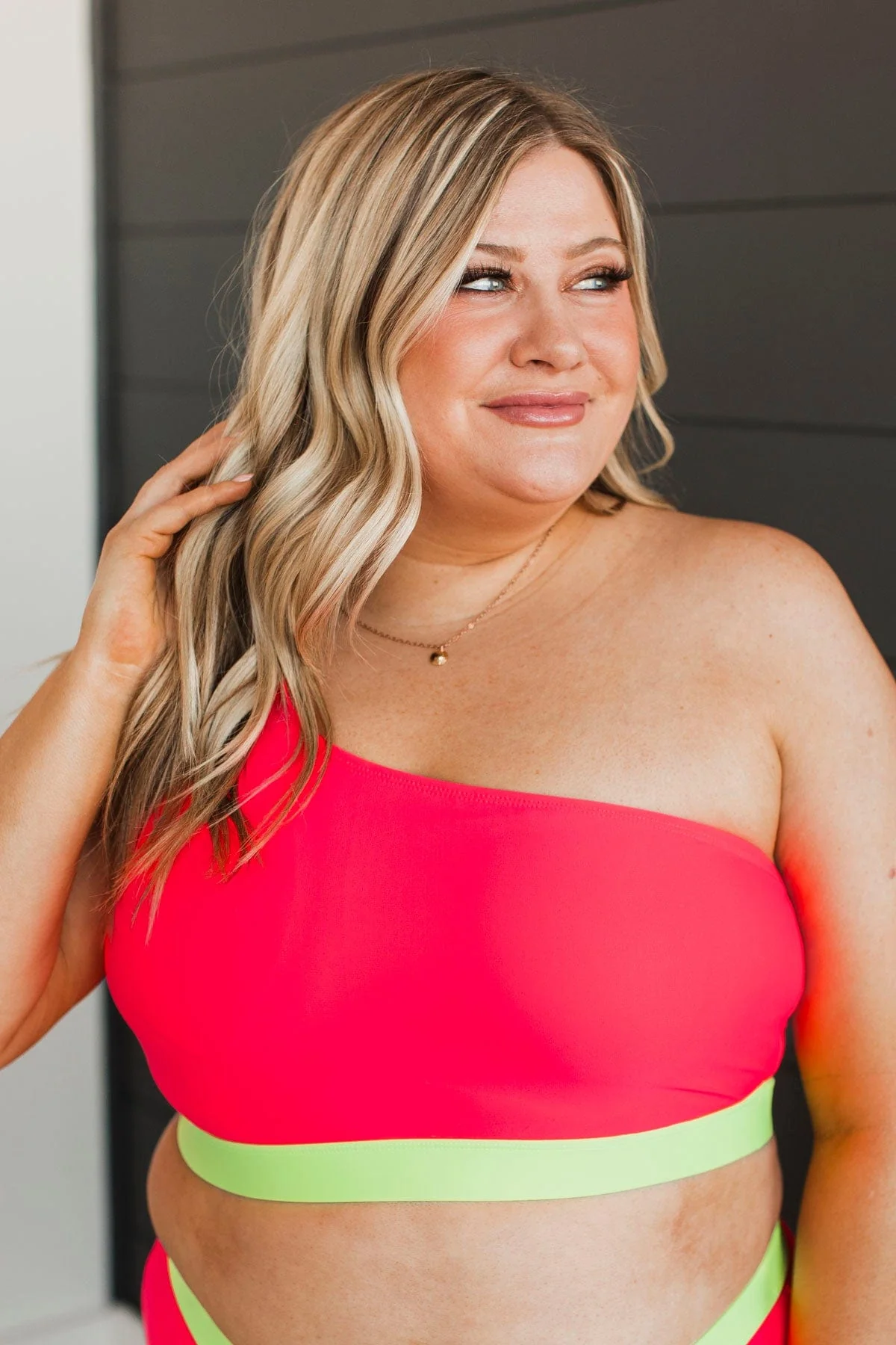 Sunny Vibes One-Shoulder Swim Top- Watermelon & Neon Yellow - Image 3
