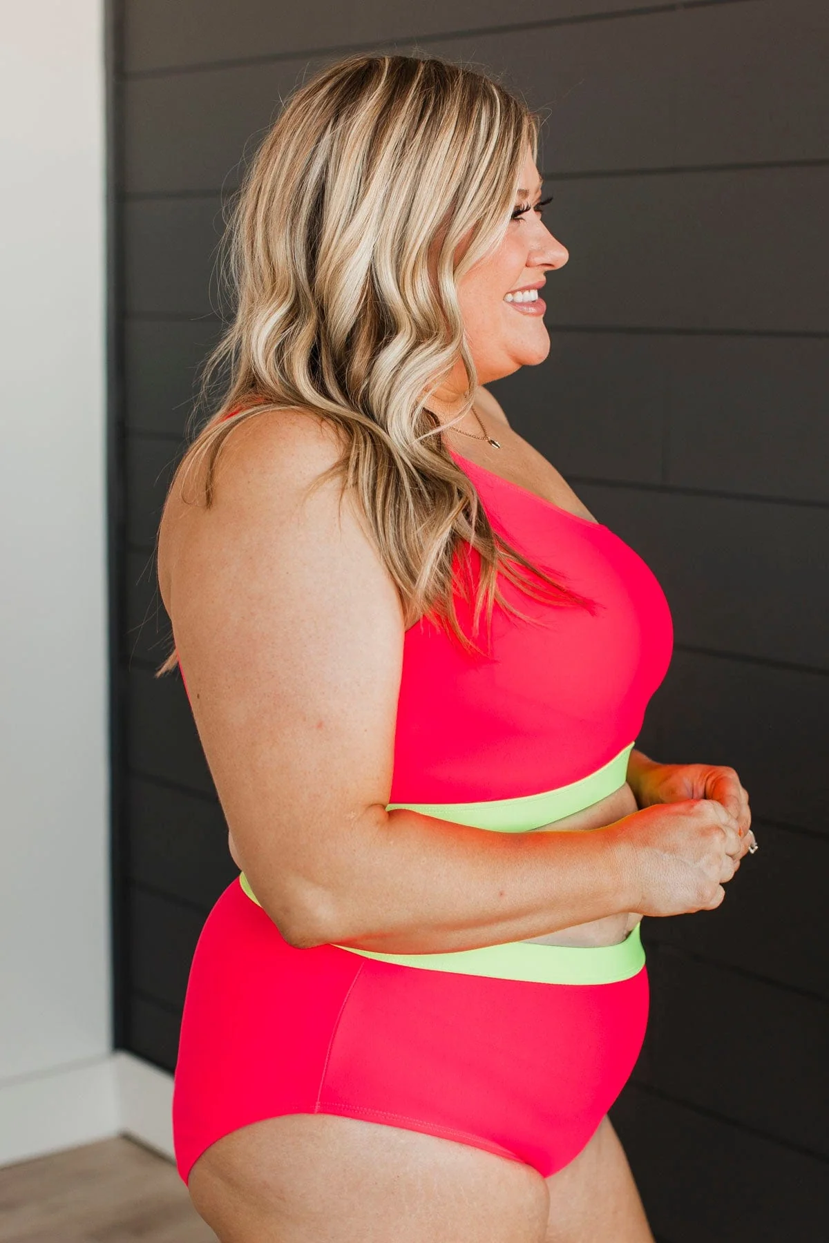 Sunny Vibes One-Shoulder Swim Top- Watermelon & Neon Yellow - Image 6