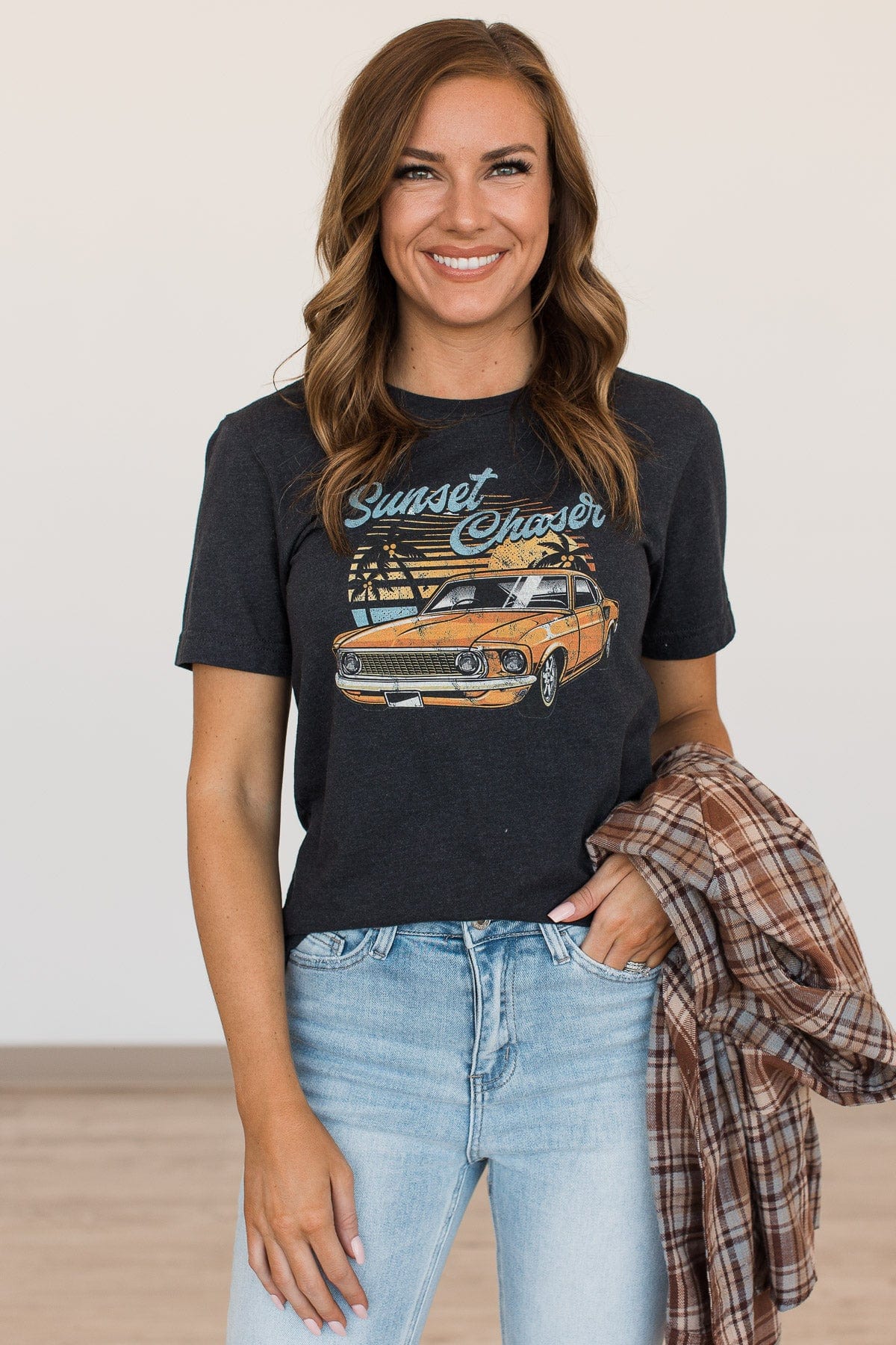 "Sunset Chaser" Graphic Tee- Heather Black - Image 3