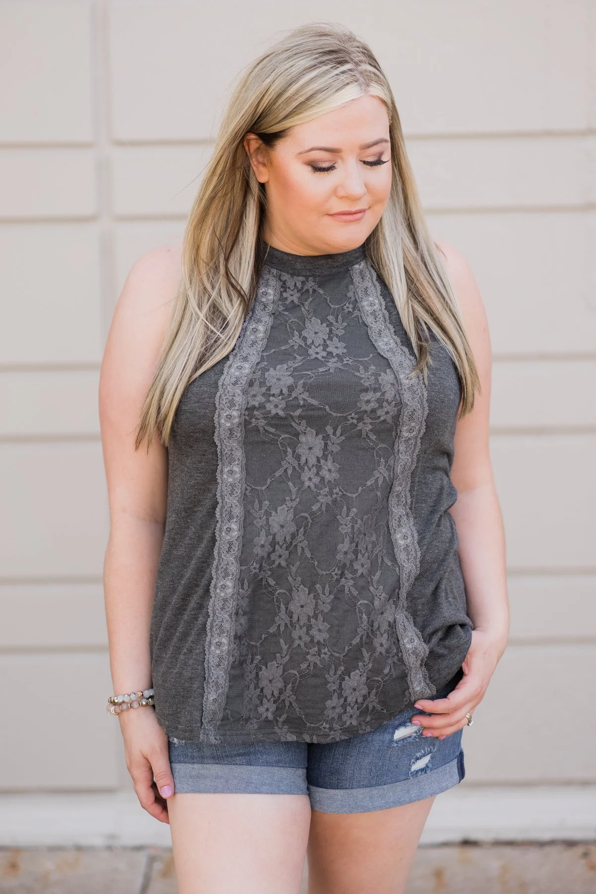 Sunset Lace Halter Tank Top- Charcoal - Image 2