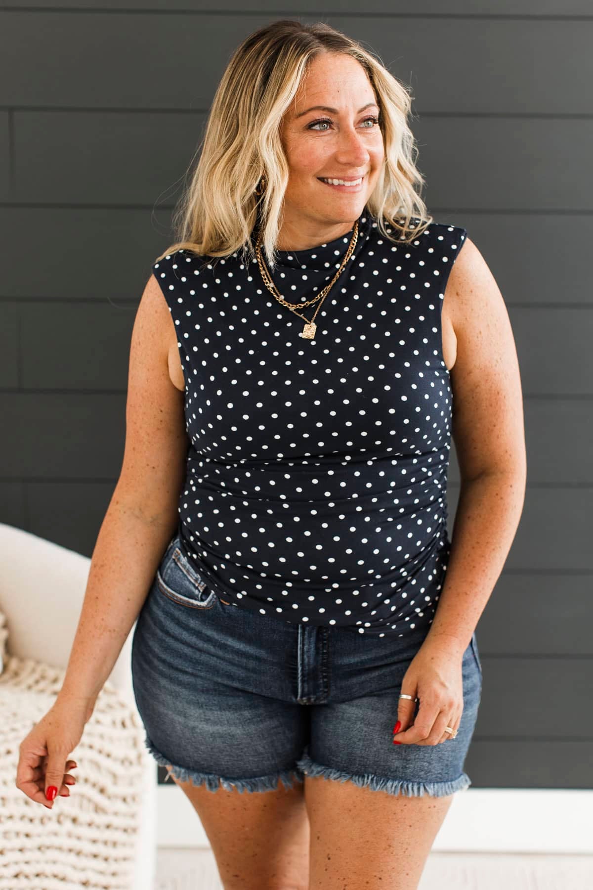 Sunsets & Smiles Ruched Polka Dot Top- Navy - Image 2