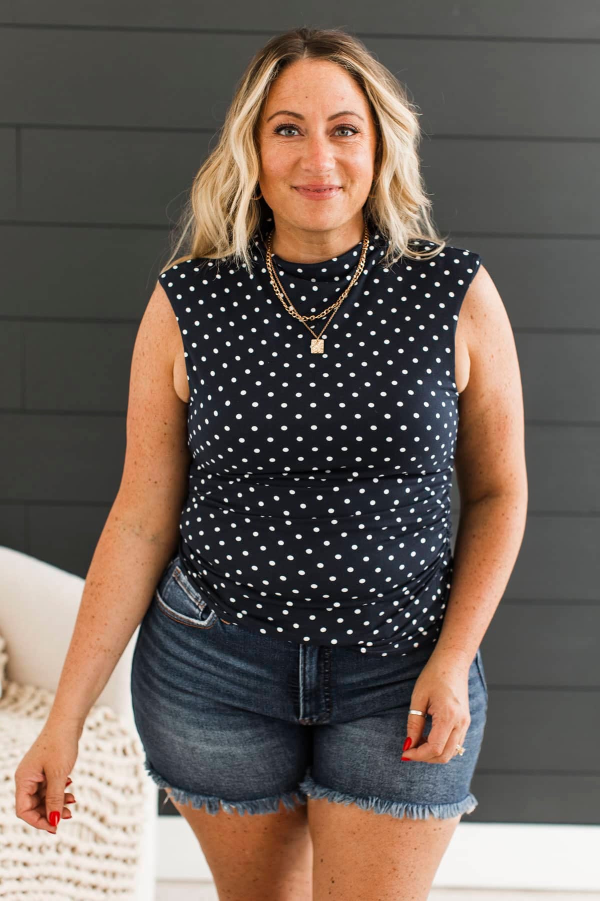 Sunsets & Smiles Ruched Polka Dot Top- Navy - Image 4