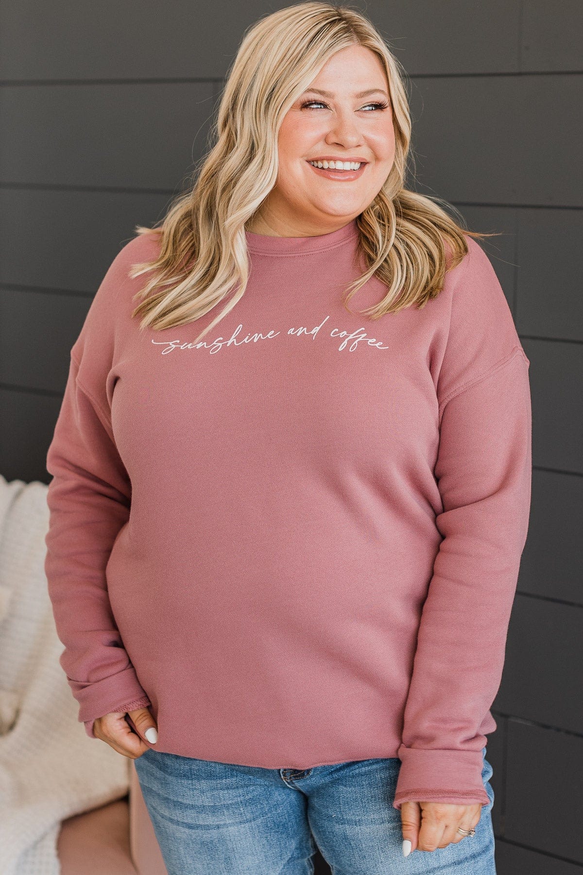 "Sunshine & Coffee" Crew Neck Pullover- Mauve - Image 3