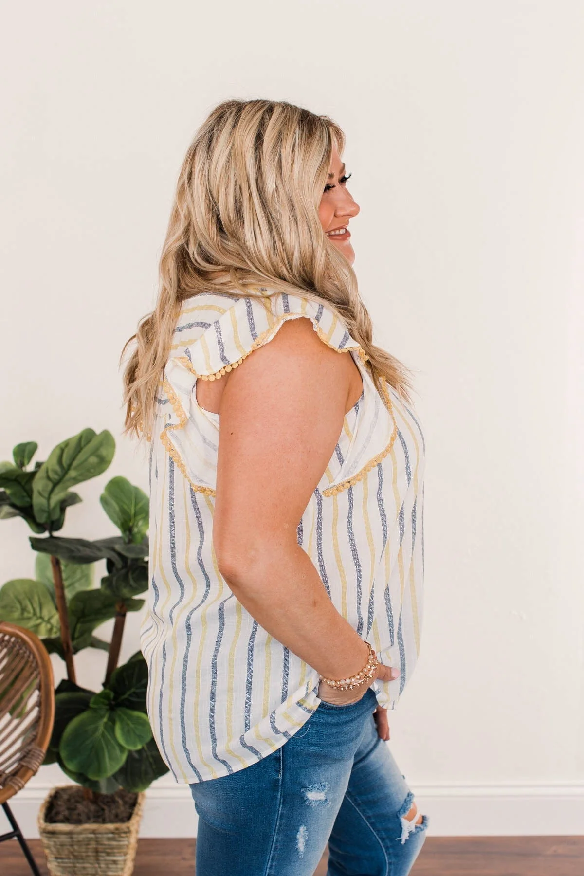 Sunshine Days Striped Blouse- Yellow & Navy - Image 7