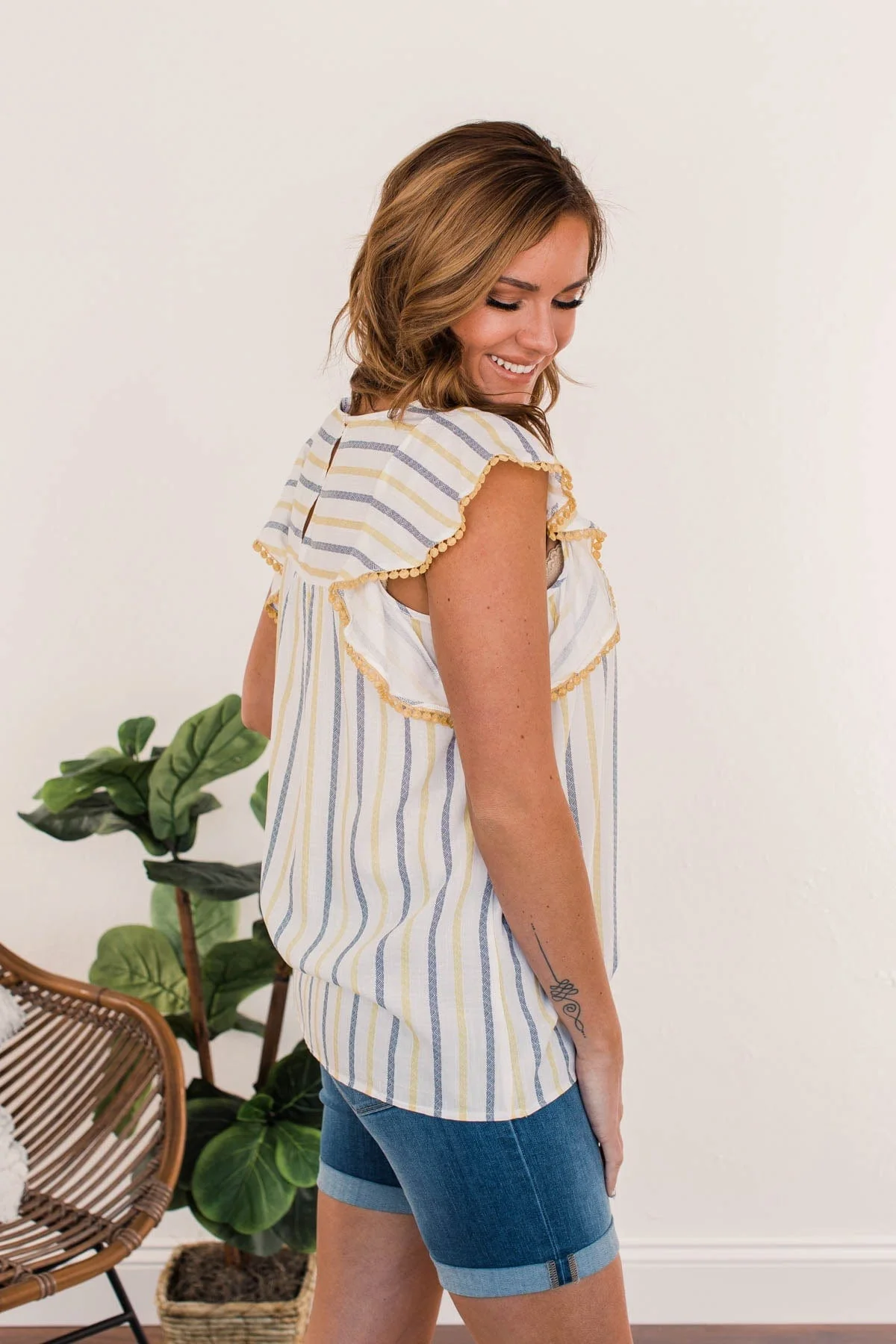 Sunshine Days Striped Blouse- Yellow & Navy - Image 8