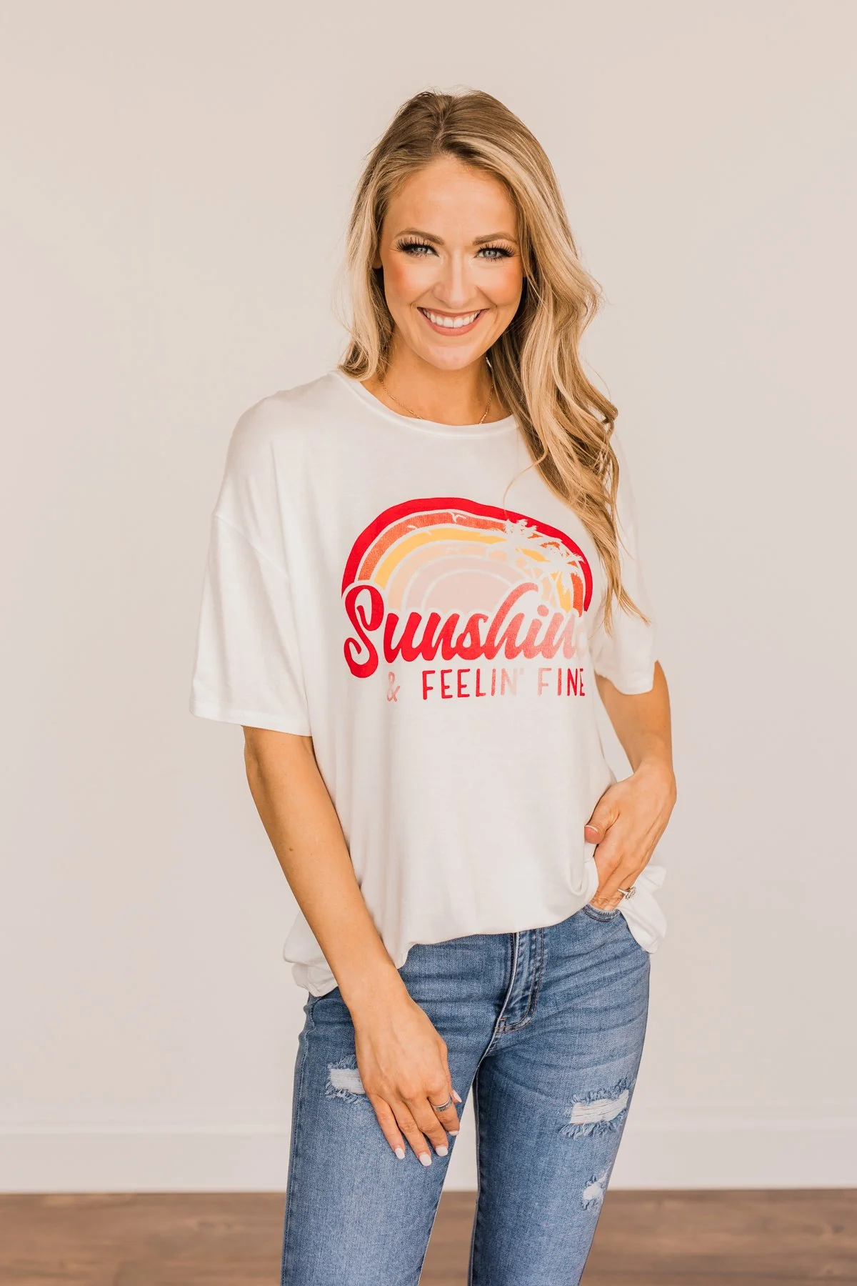 "Sunshine & Feelin' Fine" Graphic Tee- Ivory - Image 6