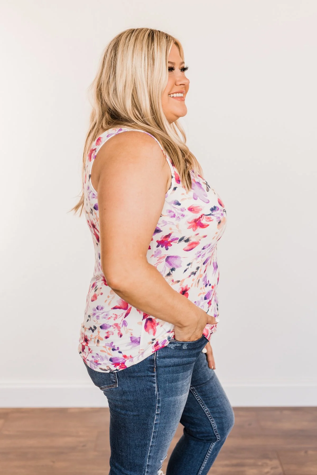 Sunshine & Good Vibes Floral Tank Top- Ivory, Pink, & Purple - Image 11