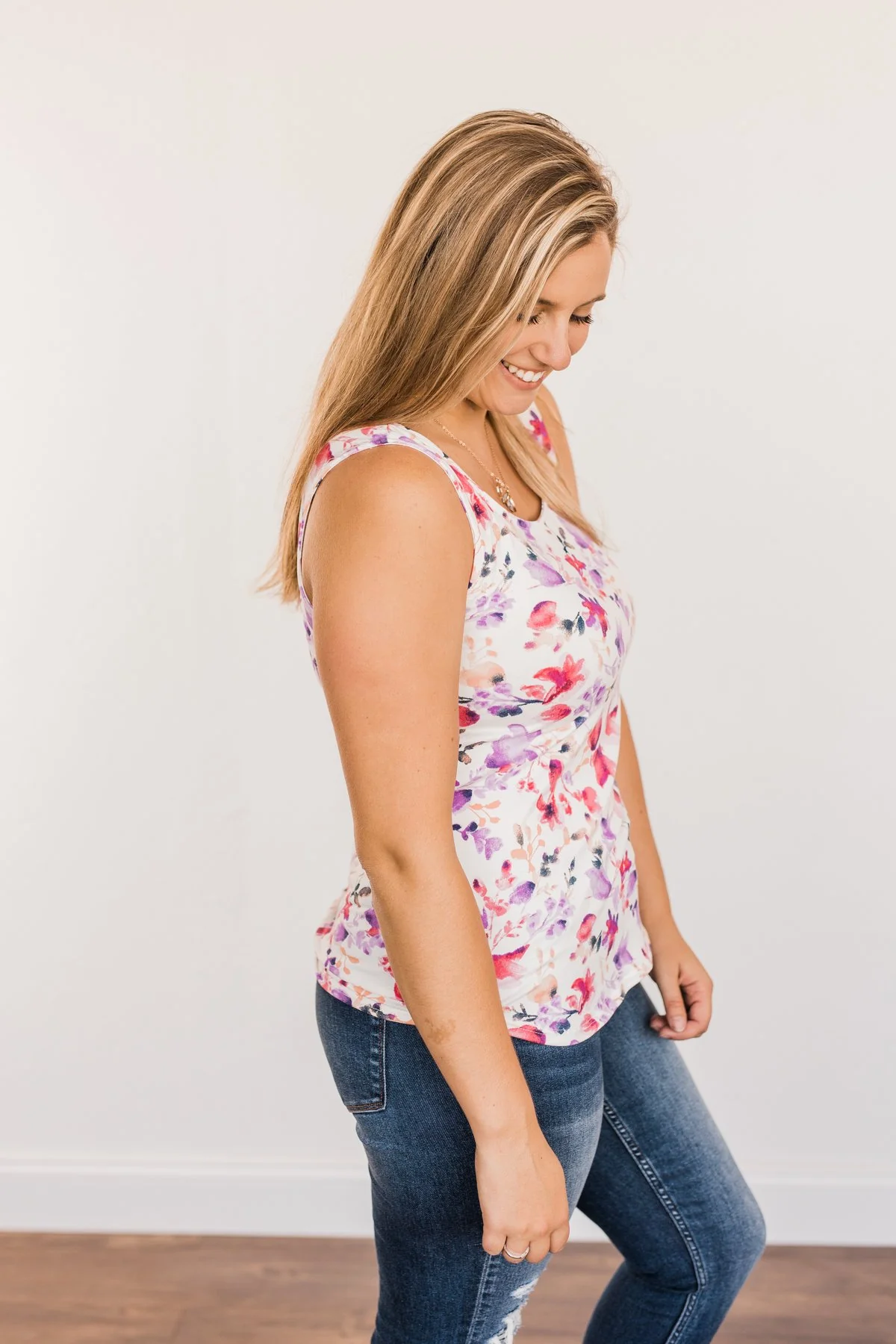 Sunshine & Good Vibes Floral Tank Top- Ivory, Pink, & Purple - Image 12