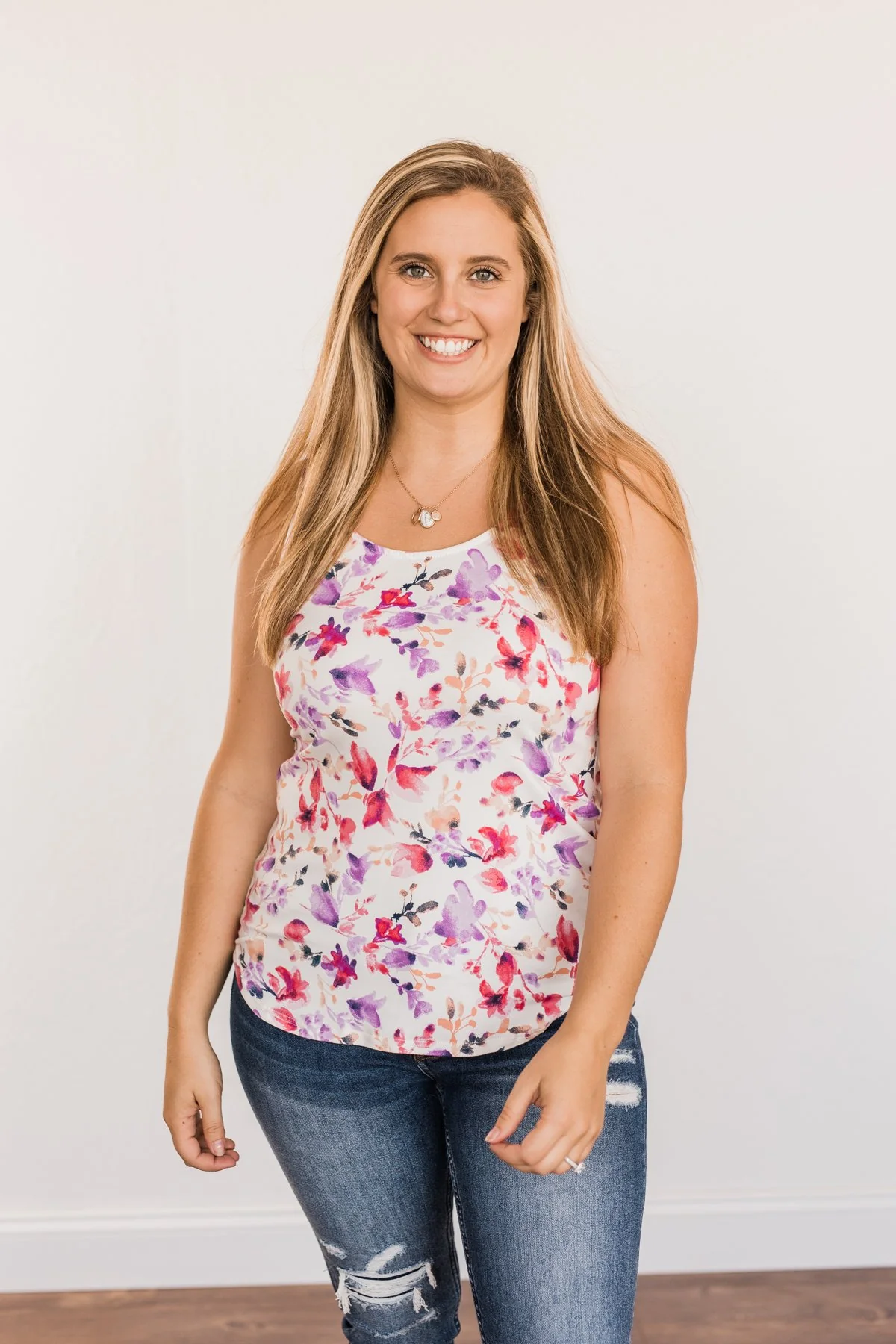 Sunshine & Good Vibes Floral Tank Top- Ivory, Pink, & Purple - Image 6
