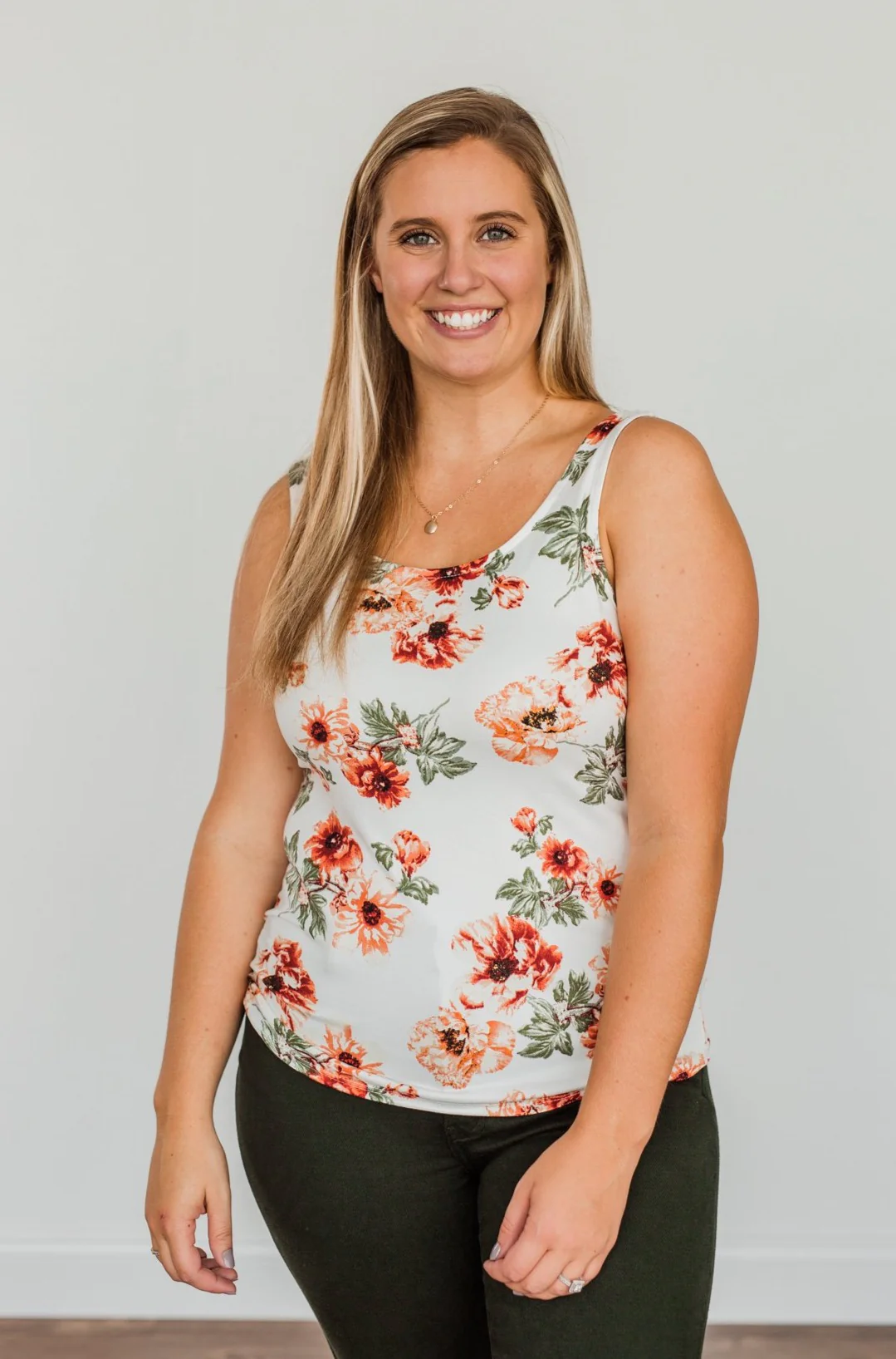 Sunshine & Good Vibes Floral Tank Top- Ivory, Rust, & Forest Green - Image 3